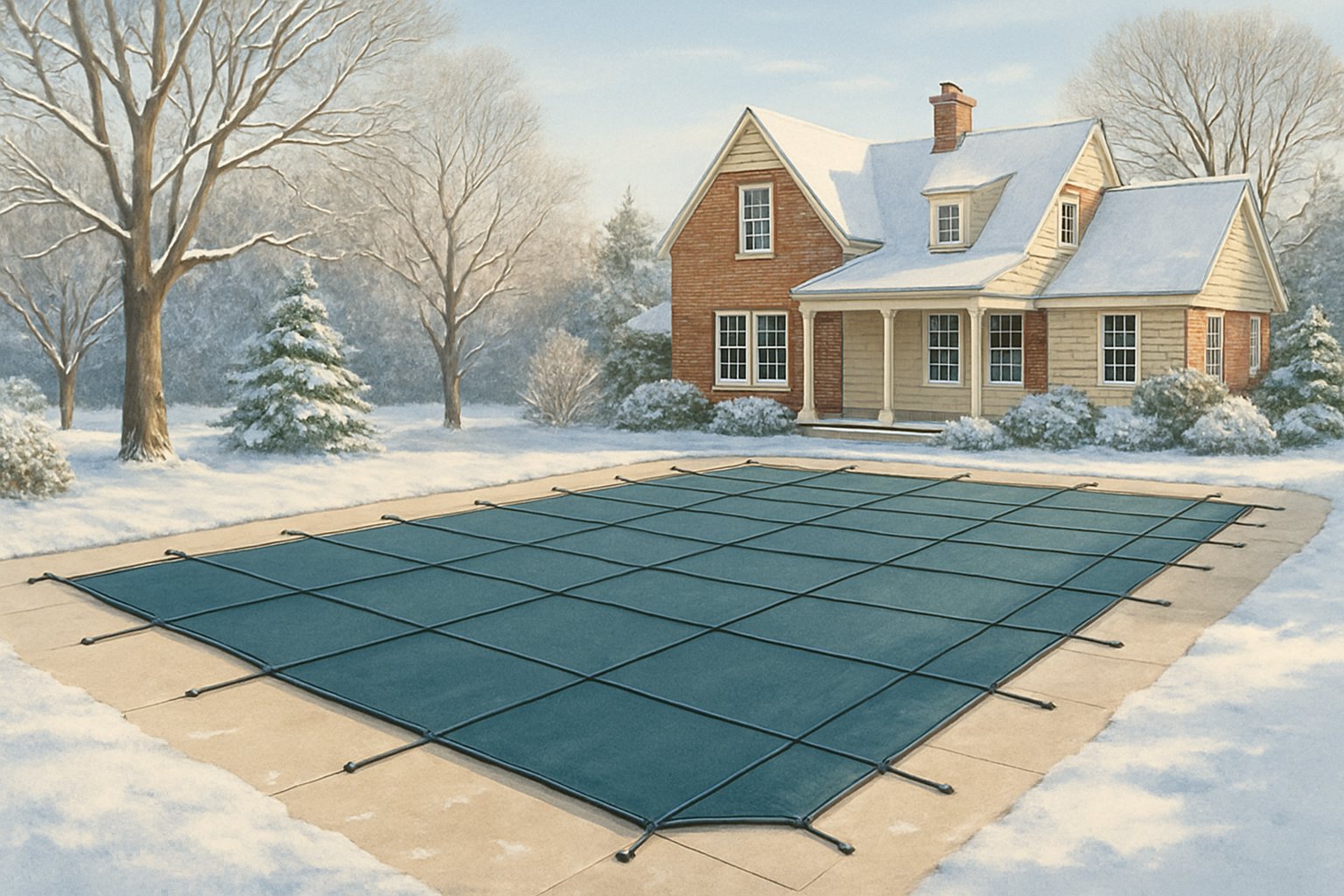 Winter Safety Pool Covers Maryland Essential Tips for Secure and Durable Protection 4 A backyard in winter with a swimming pool covered by a secure winter safety pool cover, surrounded by snow and trees, with a house in the background.