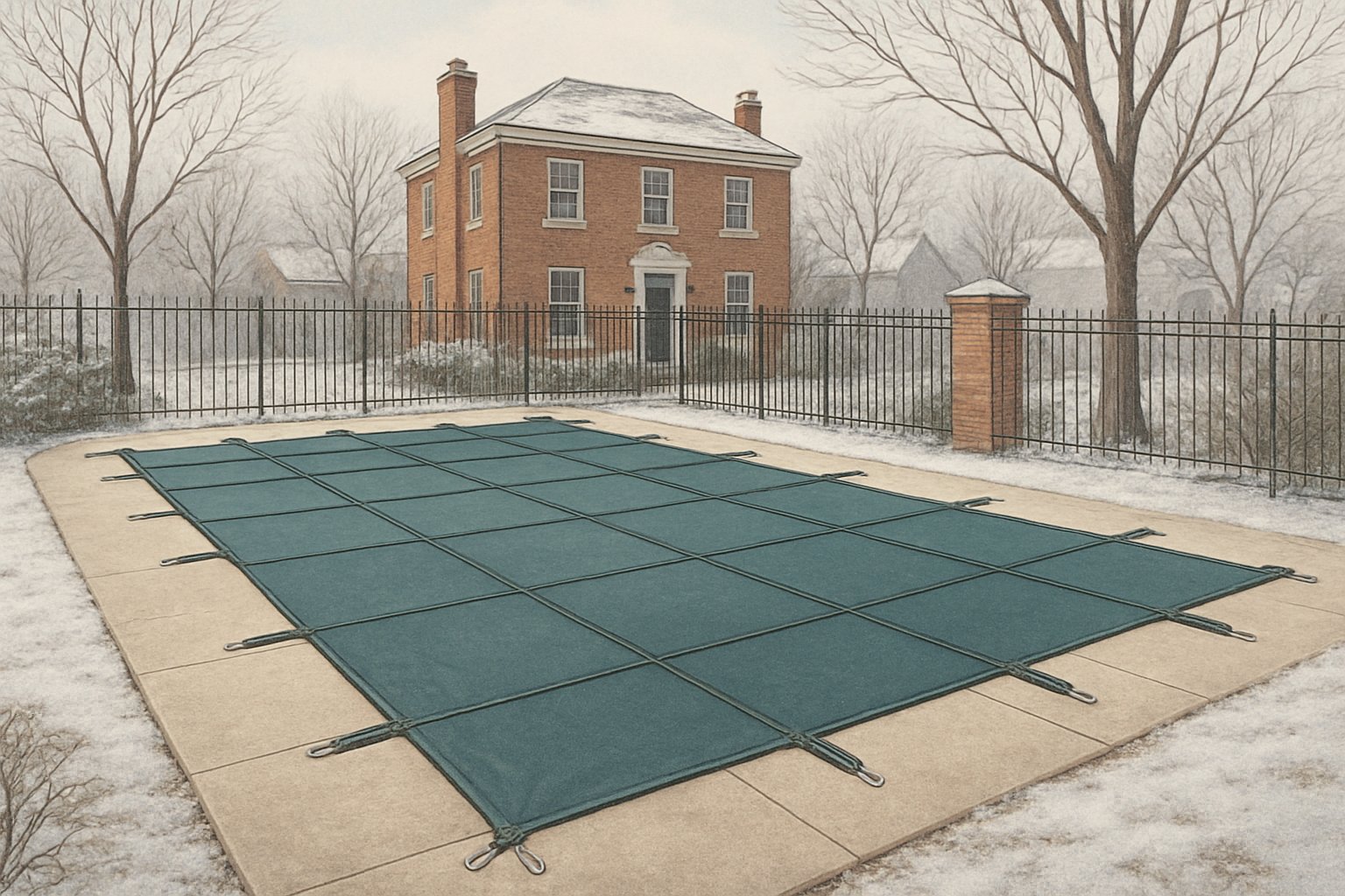 A backyard pool in winter covered securely with a safety pool cover, surrounded by leafless trees and a brick house in a Washington, DC neighborhood.