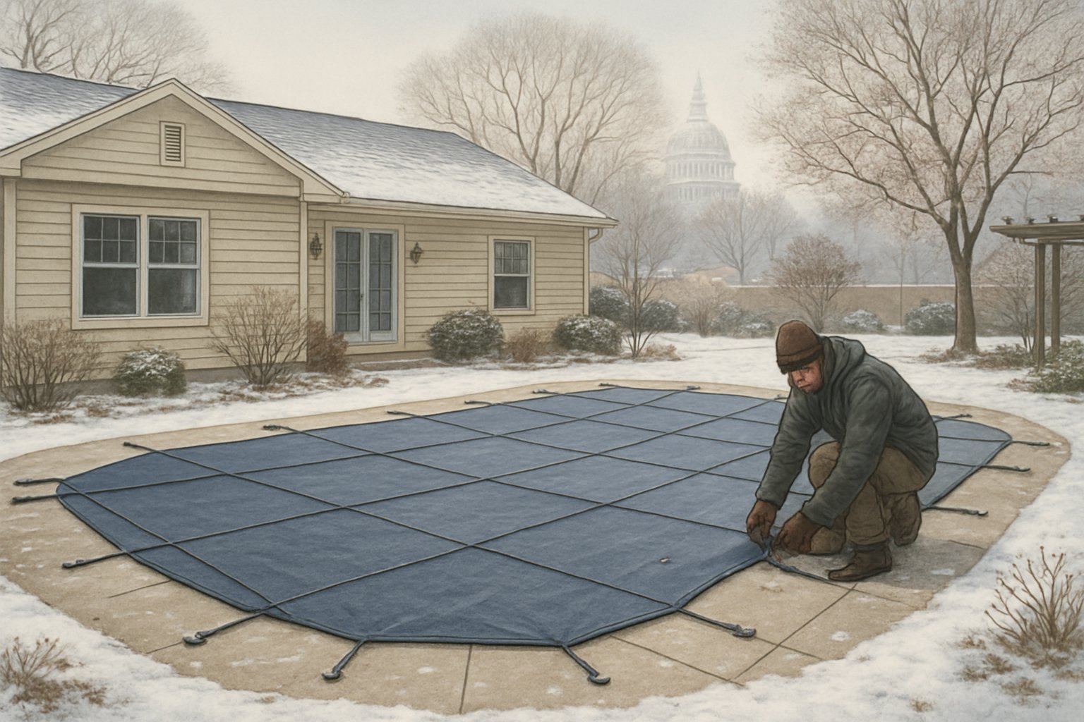 A residential backyard in winter with a swimming pool covered by a secure winter pool cover and a person maintaining the cover, surrounded by trees and a suburban home.