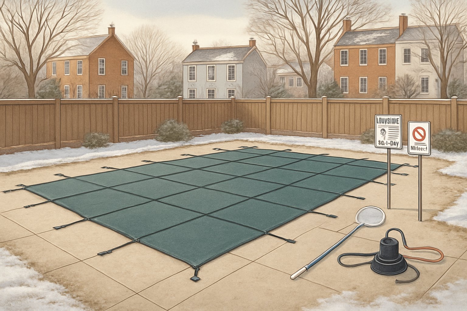A backyard swimming pool securely covered with a winter safety cover in a winter setting with bare trees and light snow.