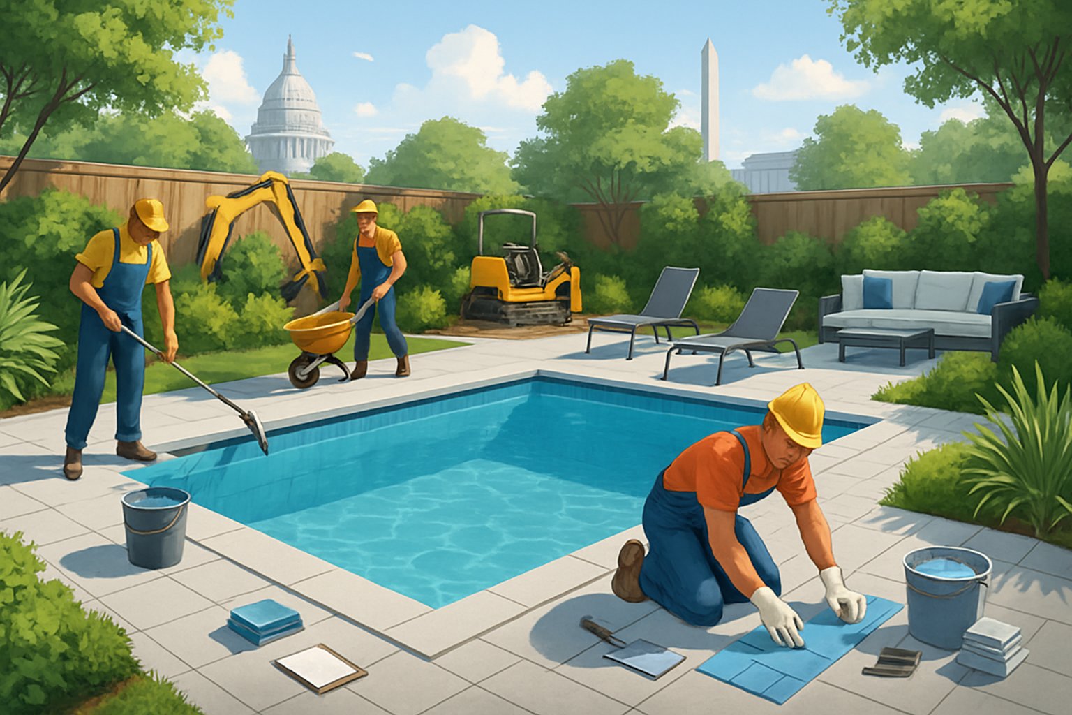 Pool Renovations DC Essential Upgrades for Optimal Performance and Aesthetics 2 A backyard swimming pool being renovated with workers and landscaping, with Washington DC landmarks faintly visible in the background.