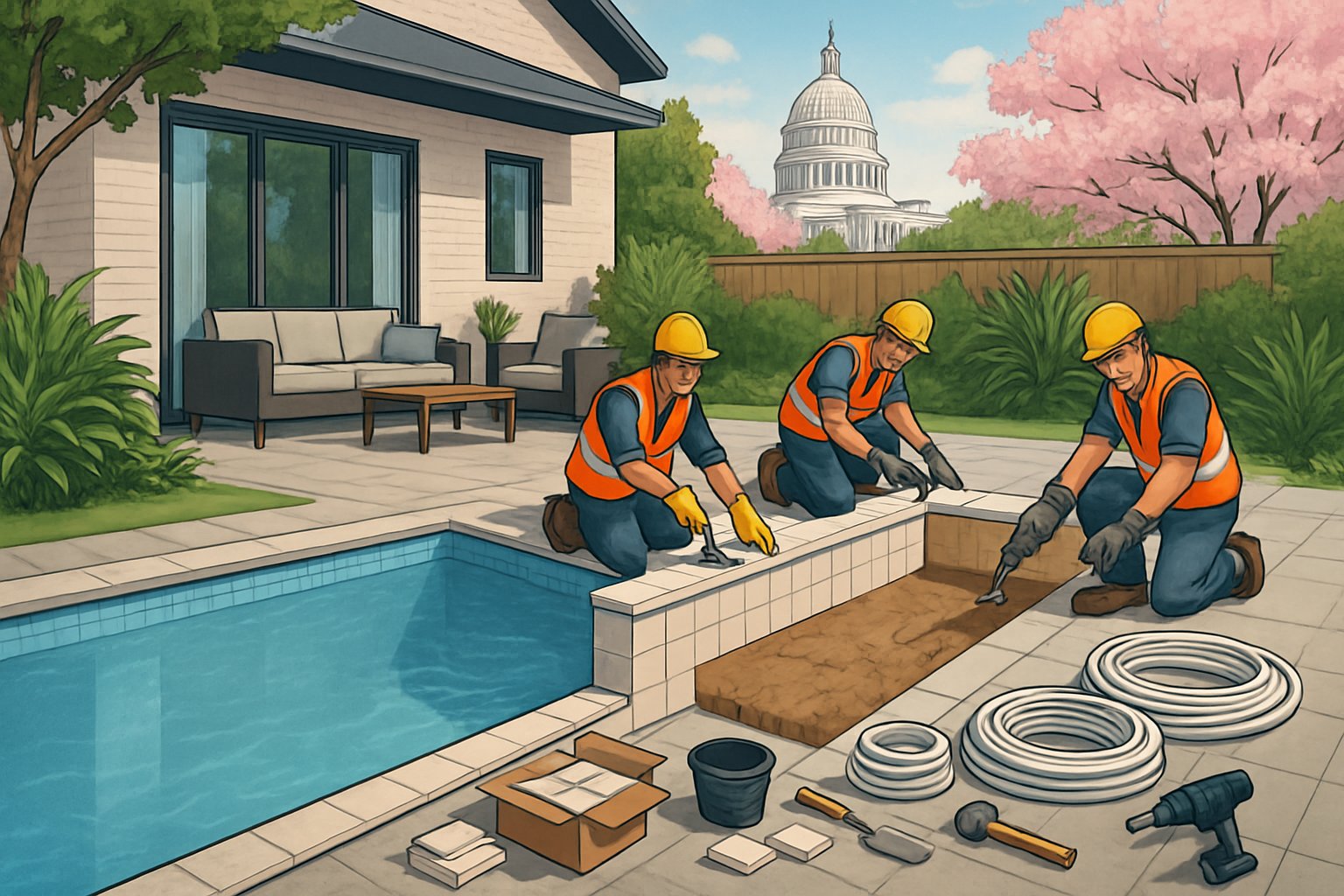 Pool Renovations DC Essential Upgrades for Optimal Performance and Aesthetics 4 A backyard pool under renovation with workers, construction materials, plants, and a view of Washington DC landmarks in the background.