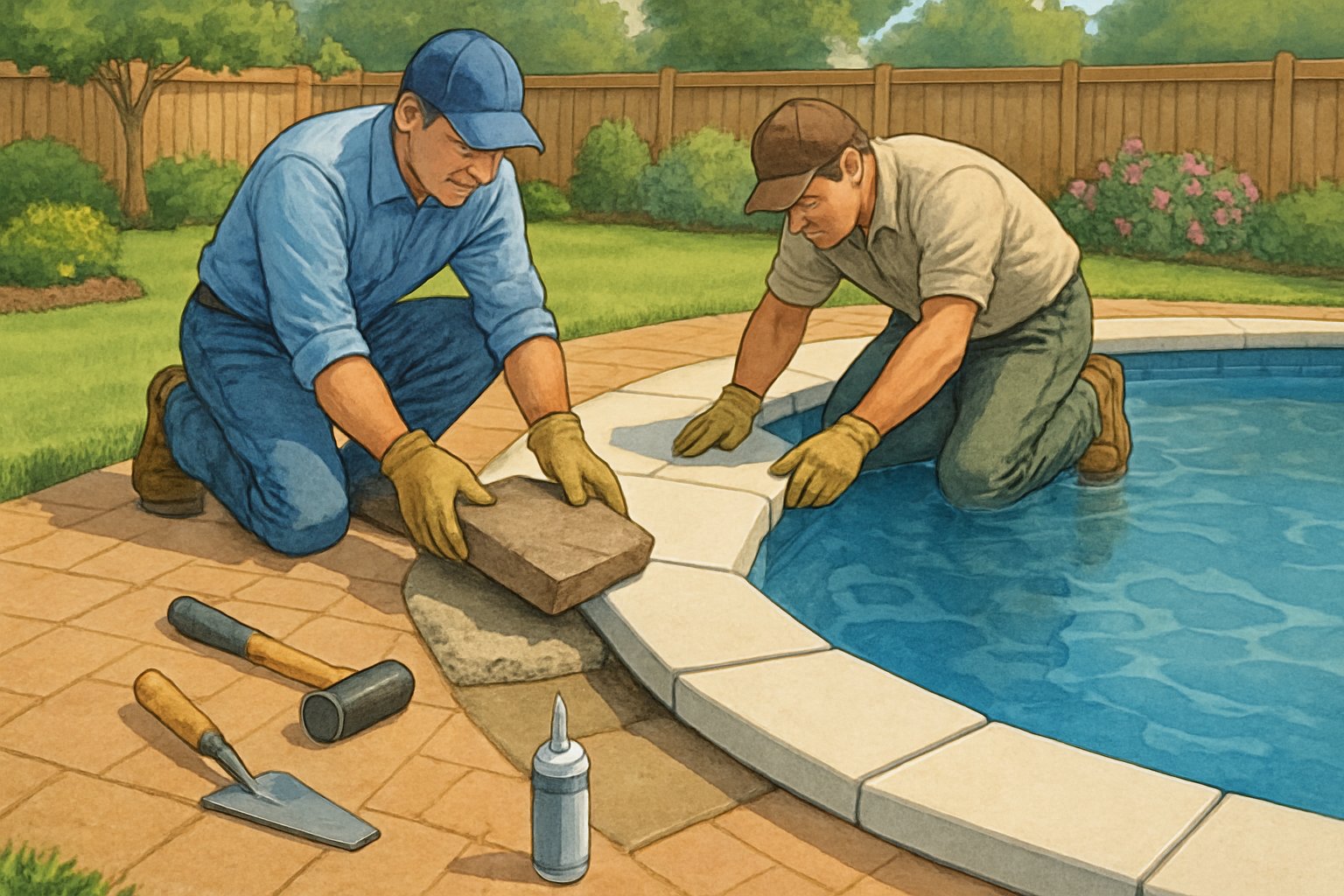 A backyard swimming pool with workers replacing the stone edging around the pool, surrounded by green plants and a wooden fence.
