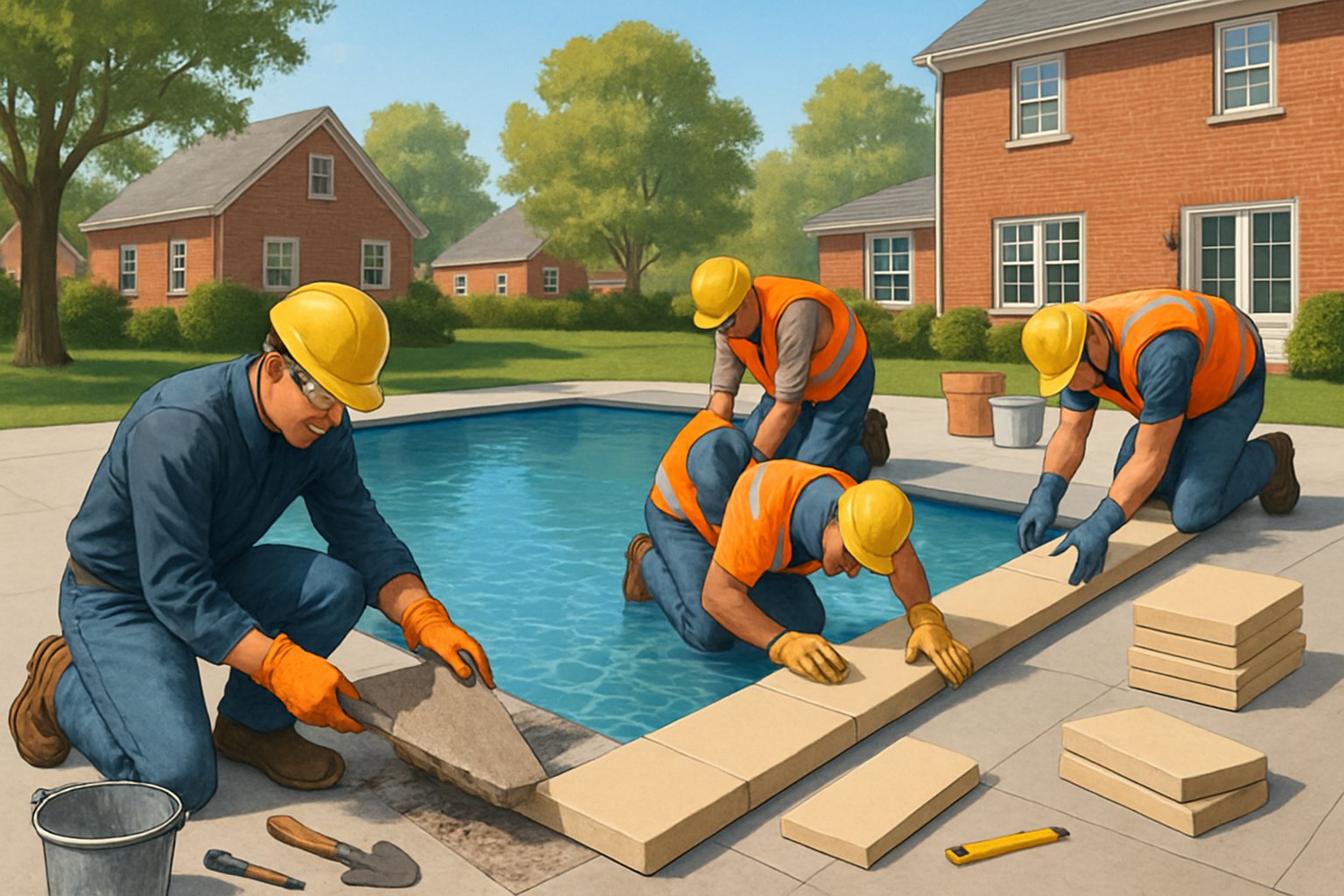 Workers replacing coping stones around a backyard swimming pool on a sunny day.
