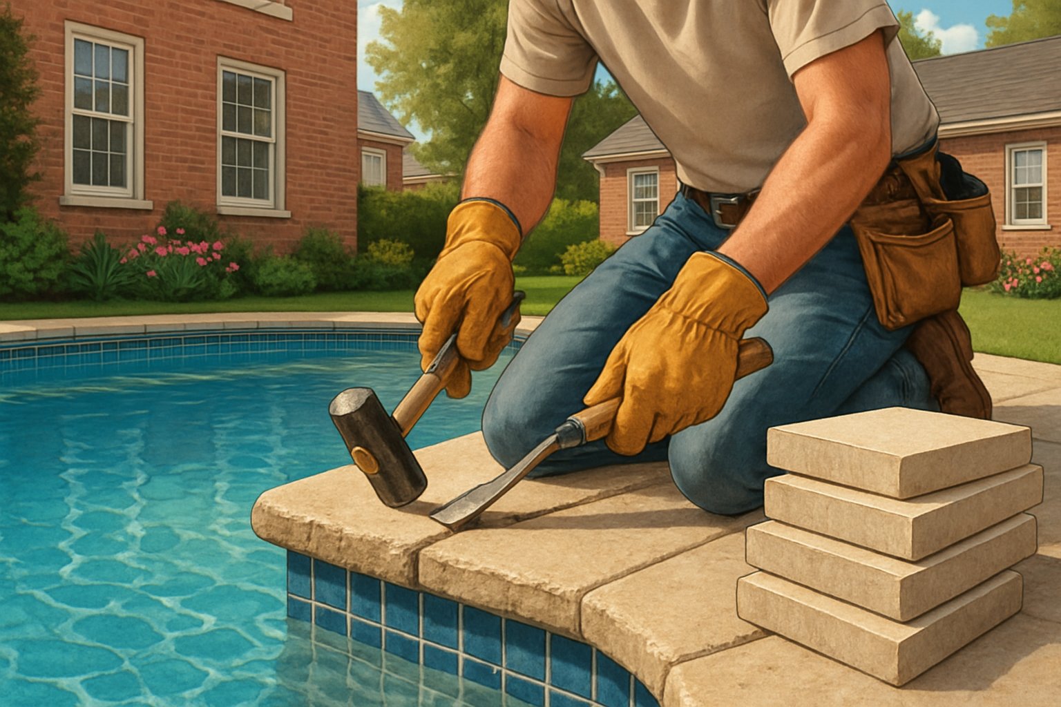 A worker replacing pool coping stones along the edge of a backyard swimming pool with tools and new stones nearby.