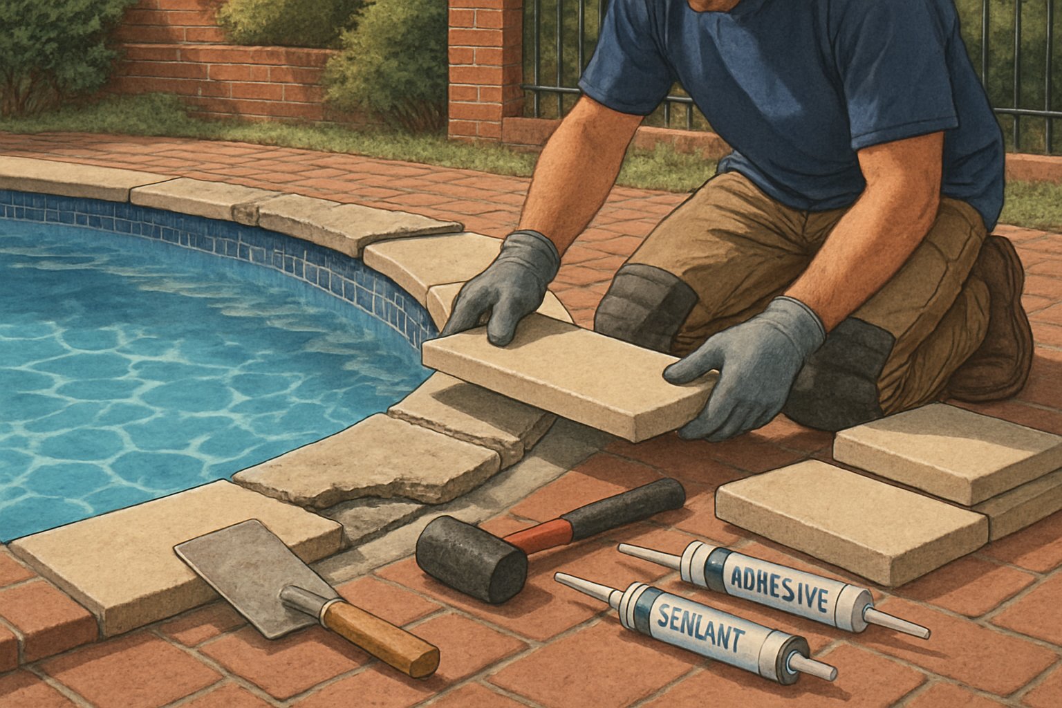 A close-up view of a swimming pool edge where a worker is replacing pool coping stones, with tools and materials nearby and a residential background.