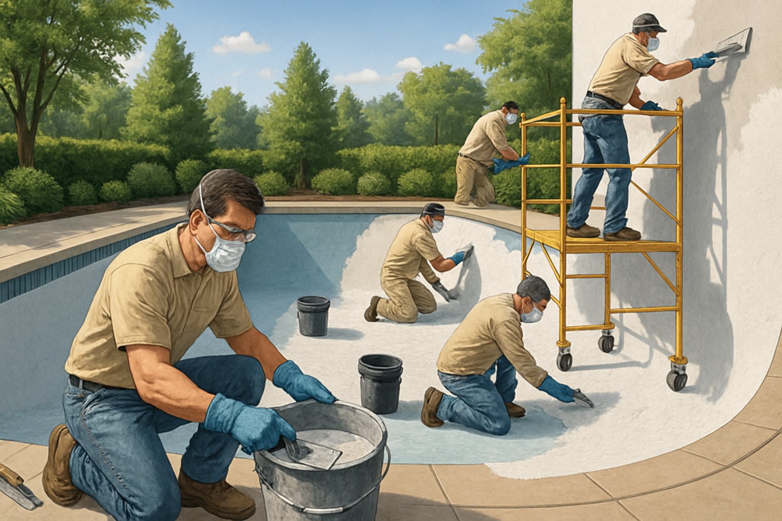 Workers resurfacing and replastering the interior of an empty swimming pool outdoors with tools and safety gear.