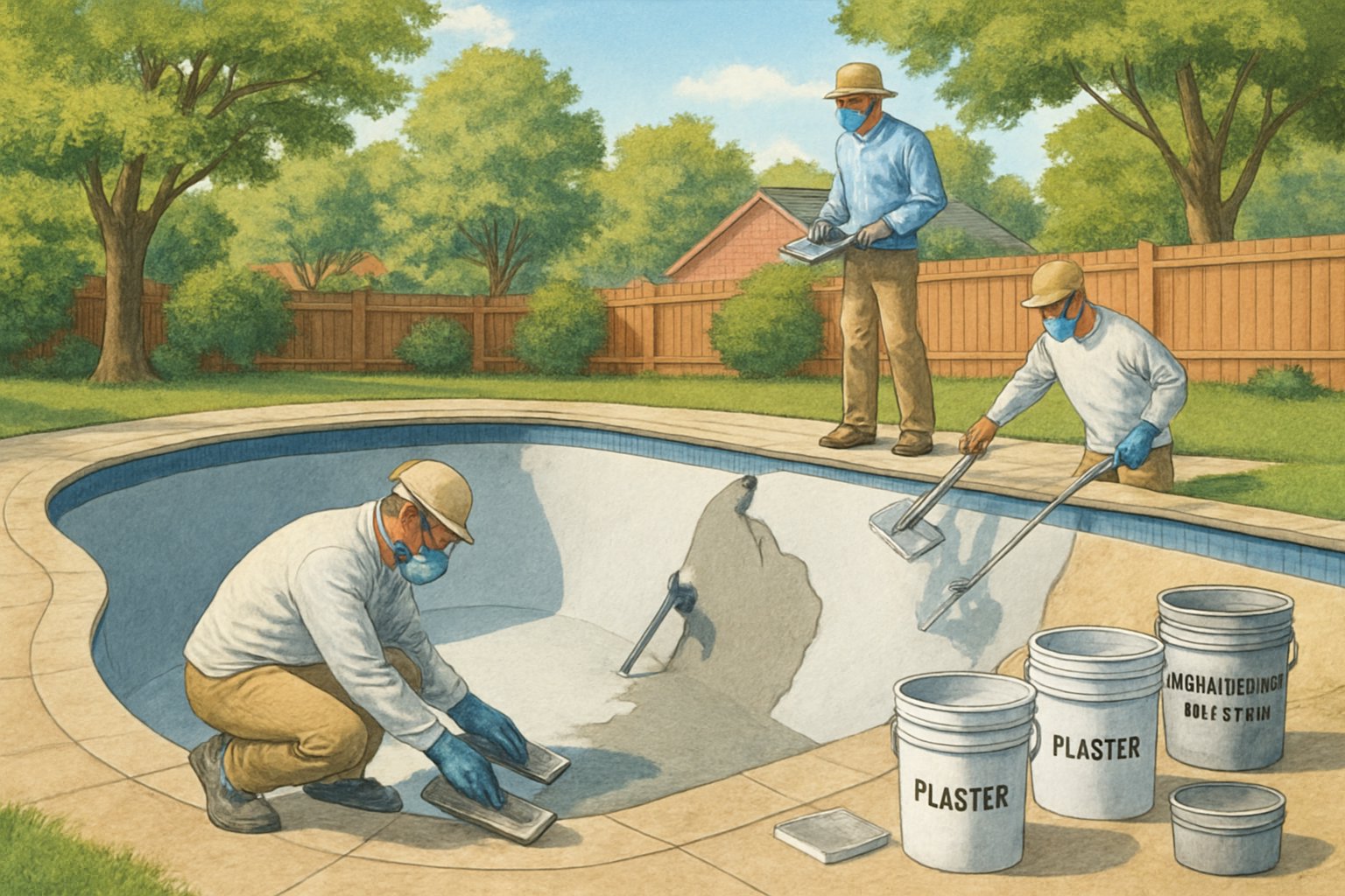 Pool Resurfacing & Replastering Maryland Expert Tips for Durable and Beautiful Pools 4 A backyard swimming pool being resurfaced and replastered by workers with tools, surrounded by trees and a wooden fence.