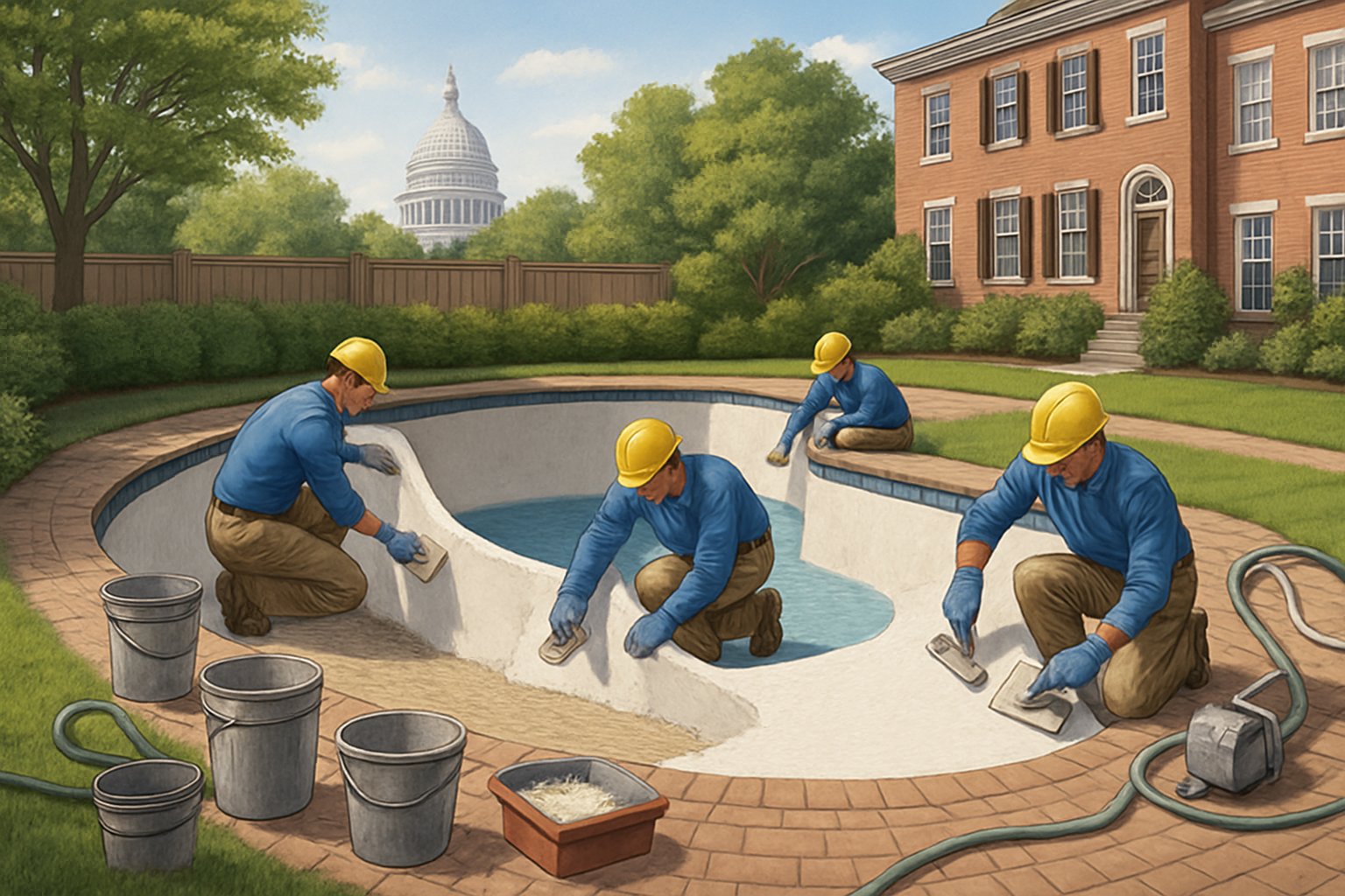 A residential backyard pool in Washington DC being resurfaced and replastered by workers applying plaster to the pool interior with tools and equipment nearby.
