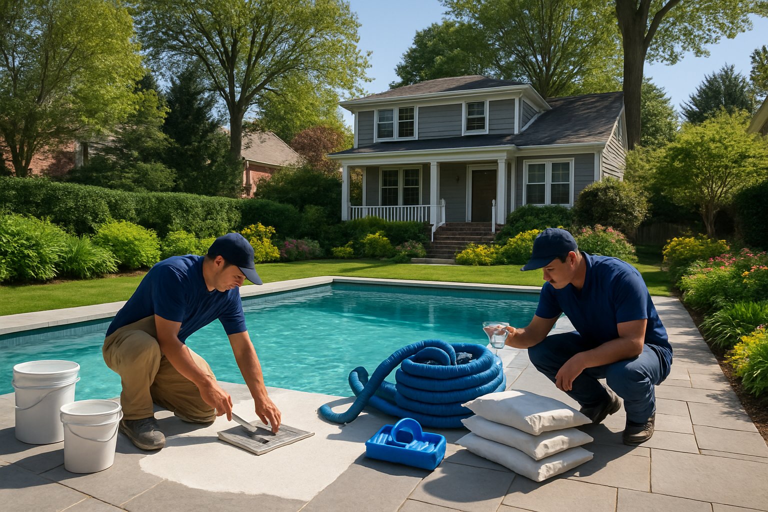 A clean outdoor swimming pool in a residential backyard with professionals working on resurfacing and replastering the pool.