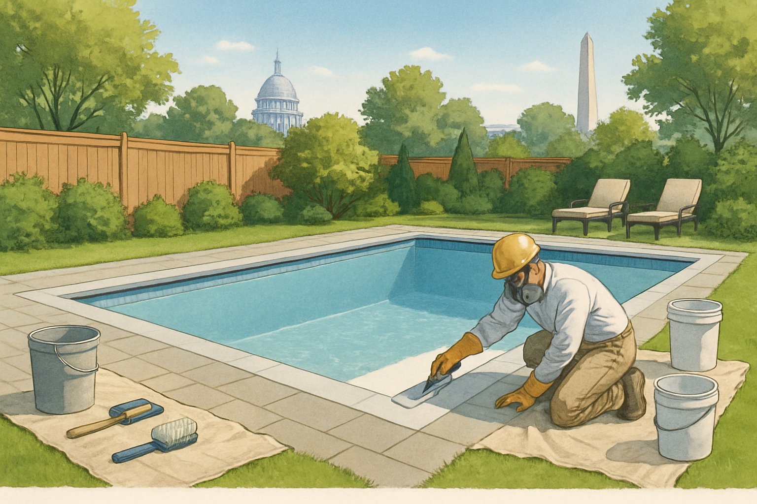 A backyard swimming pool being resurfaced with a worker applying plaster, with Washington DC landmarks visible in the background.