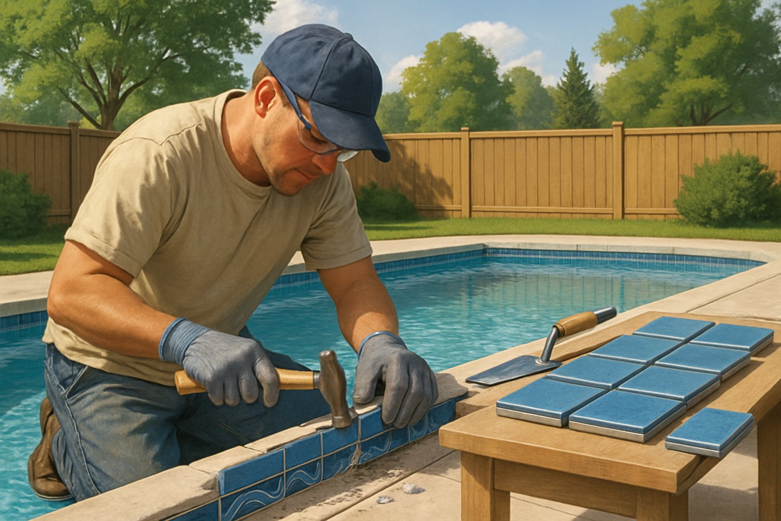A worker replacing waterline tiles on a swimming pool in a backyard with trees and a fence.