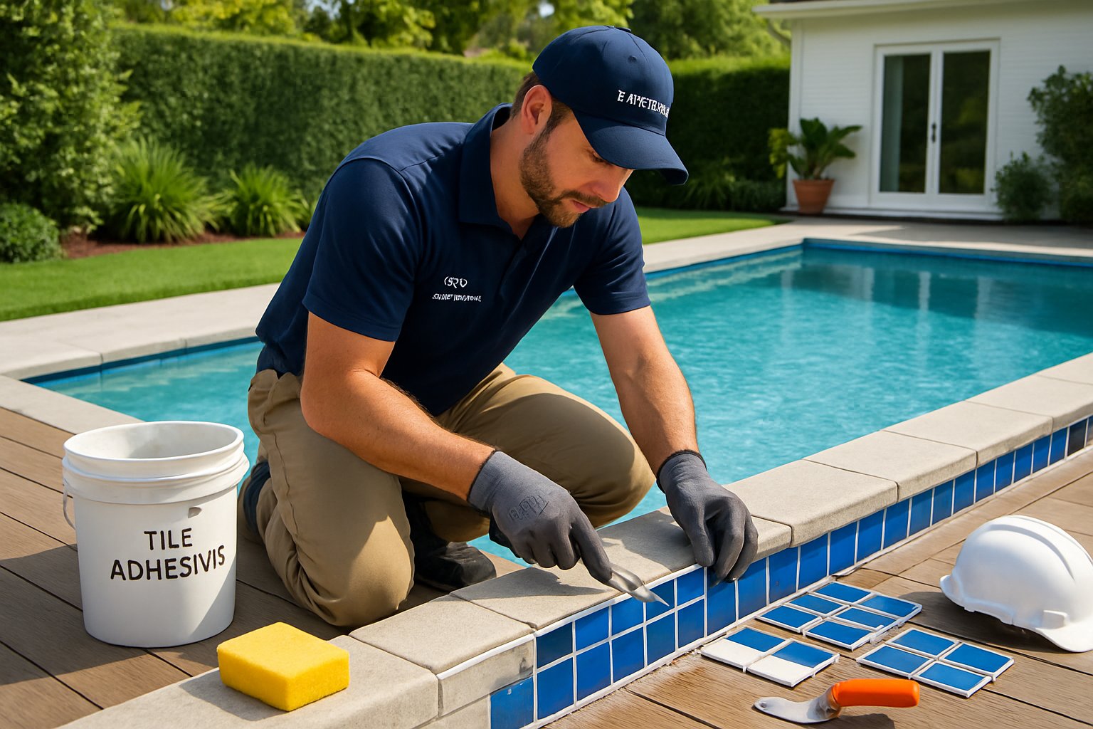 A technician replacing waterline tiles on a residential swimming pool in a backyard.