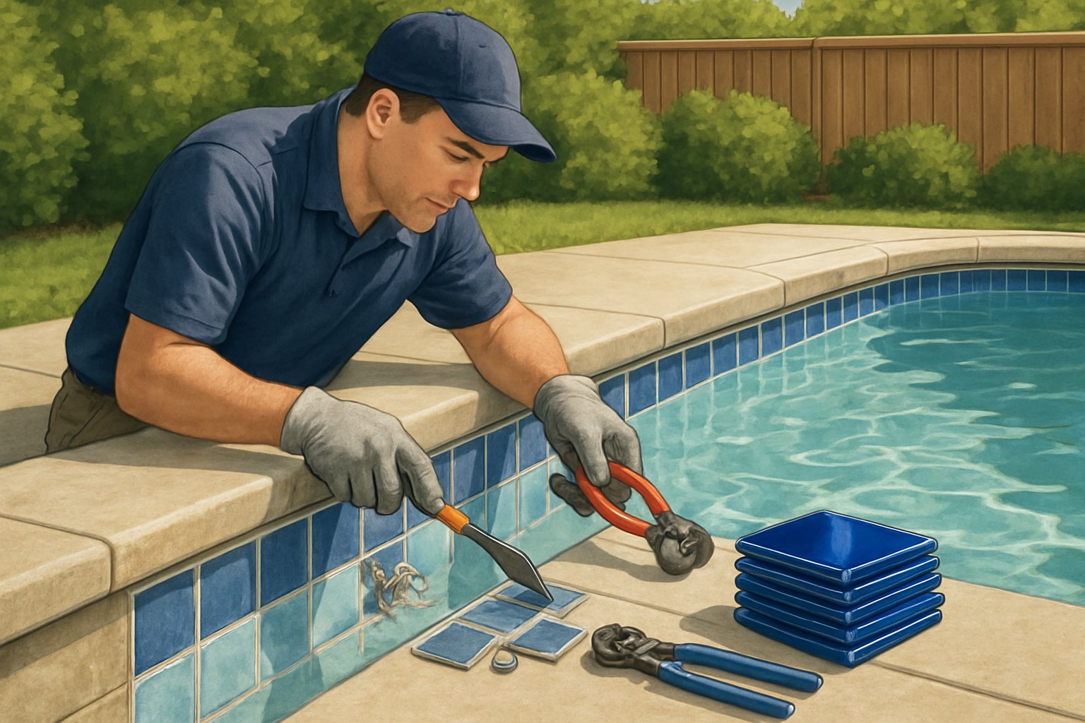 A worker replacing waterline tiles on a backyard swimming pool surrounded by greenery and a wooden fence.