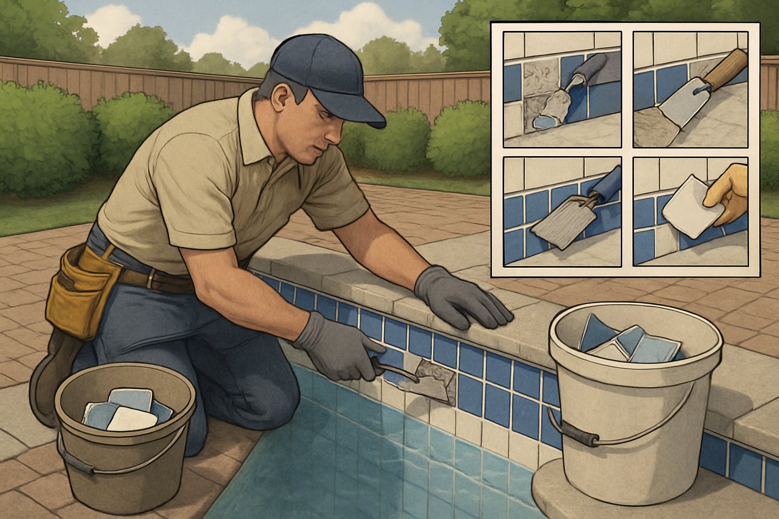 Pool Waterline Tile Replacement Maryland Experts Guide to Quality and Durability 3 A worker replacing blue and white tiles along the waterline of a residential swimming pool with tools and replacement tiles nearby.