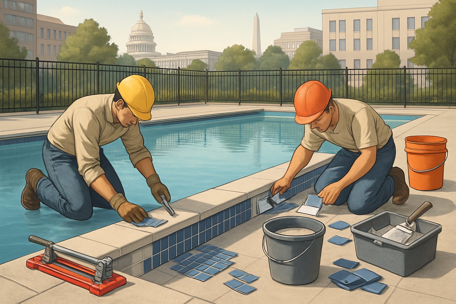 Workers replacing tiles along the waterline of a swimming pool with clear water, with Washington DC landmarks visible in the background.