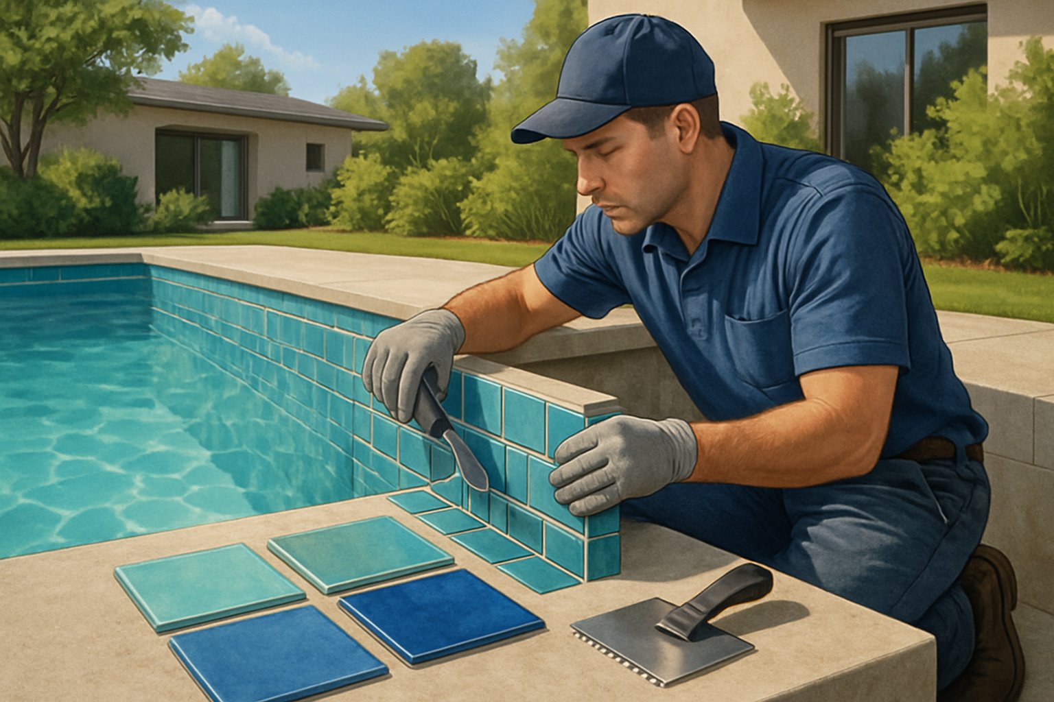 A technician installing blue waterline tiles on a backyard pool with a modern house and greenery in the background.