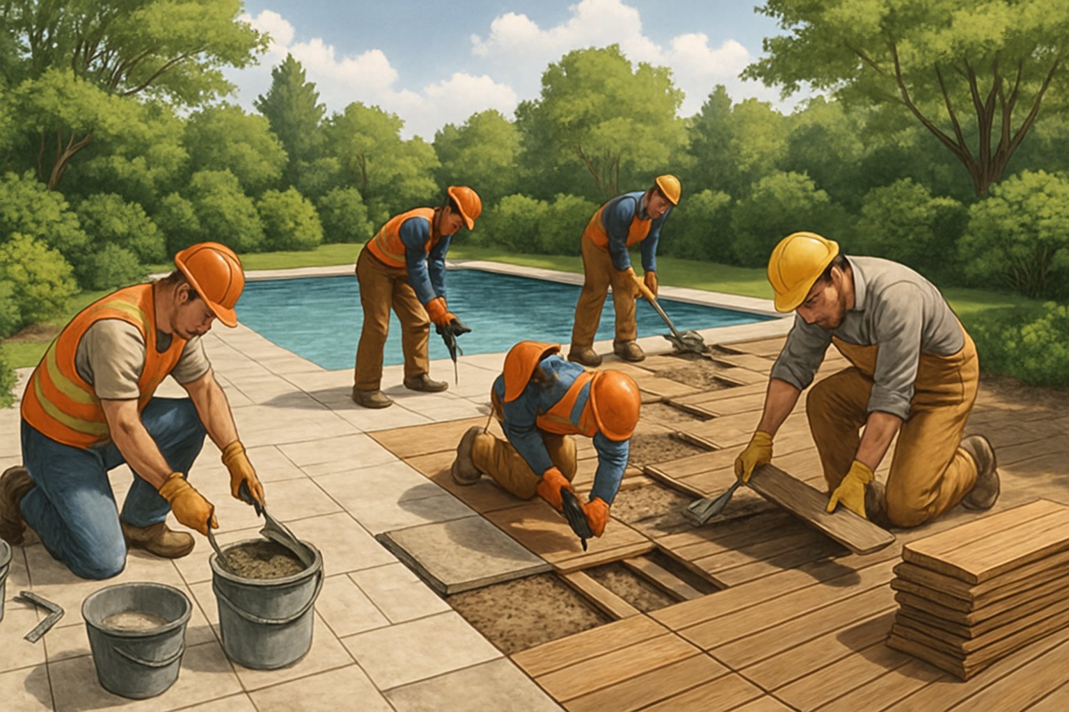 Workers repairing and replacing a pool deck in a residential backyard surrounded by trees and clear blue pool water.