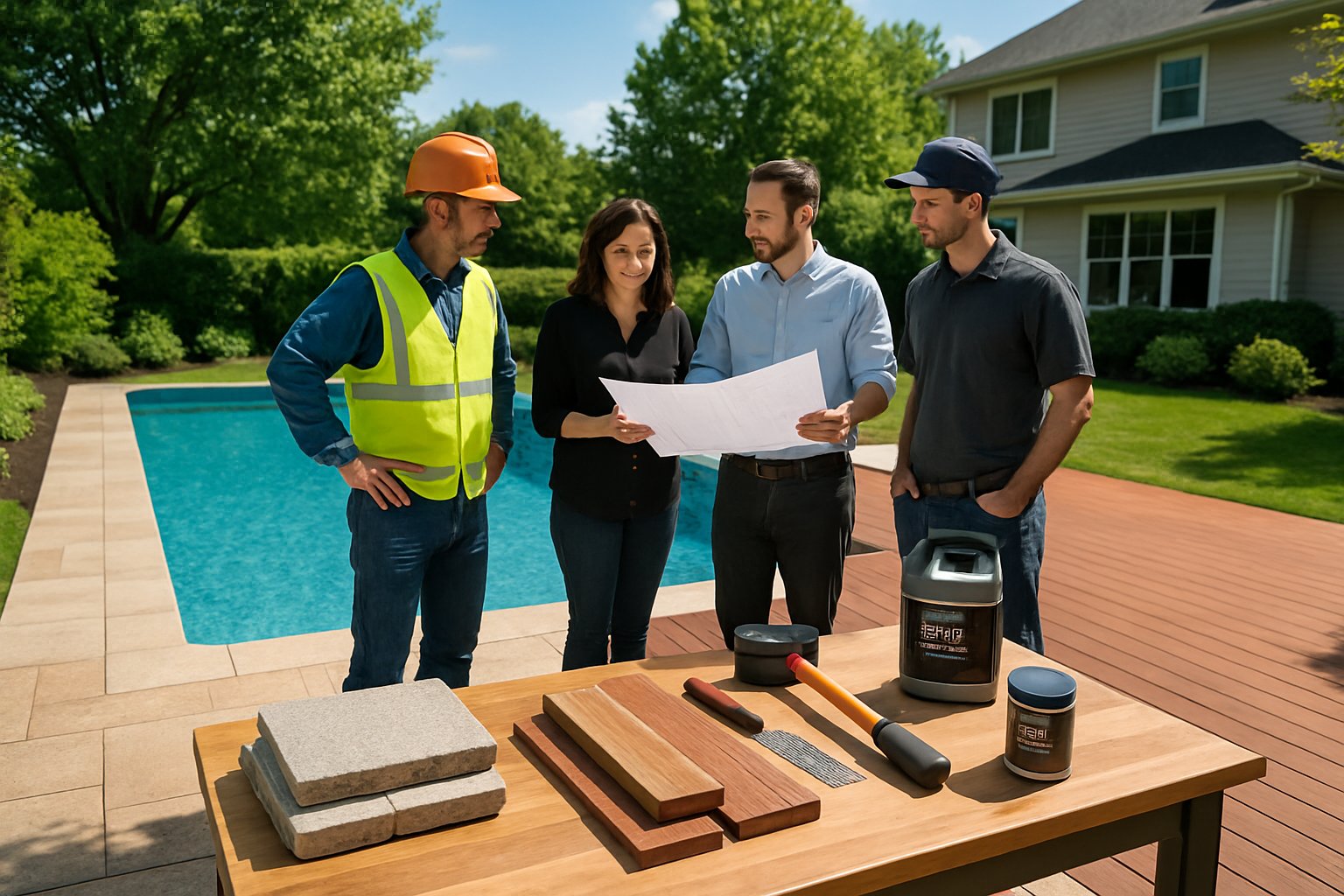 Professionals discussing a pool deck project near a swimming pool with material samples and tools on a sunny day.