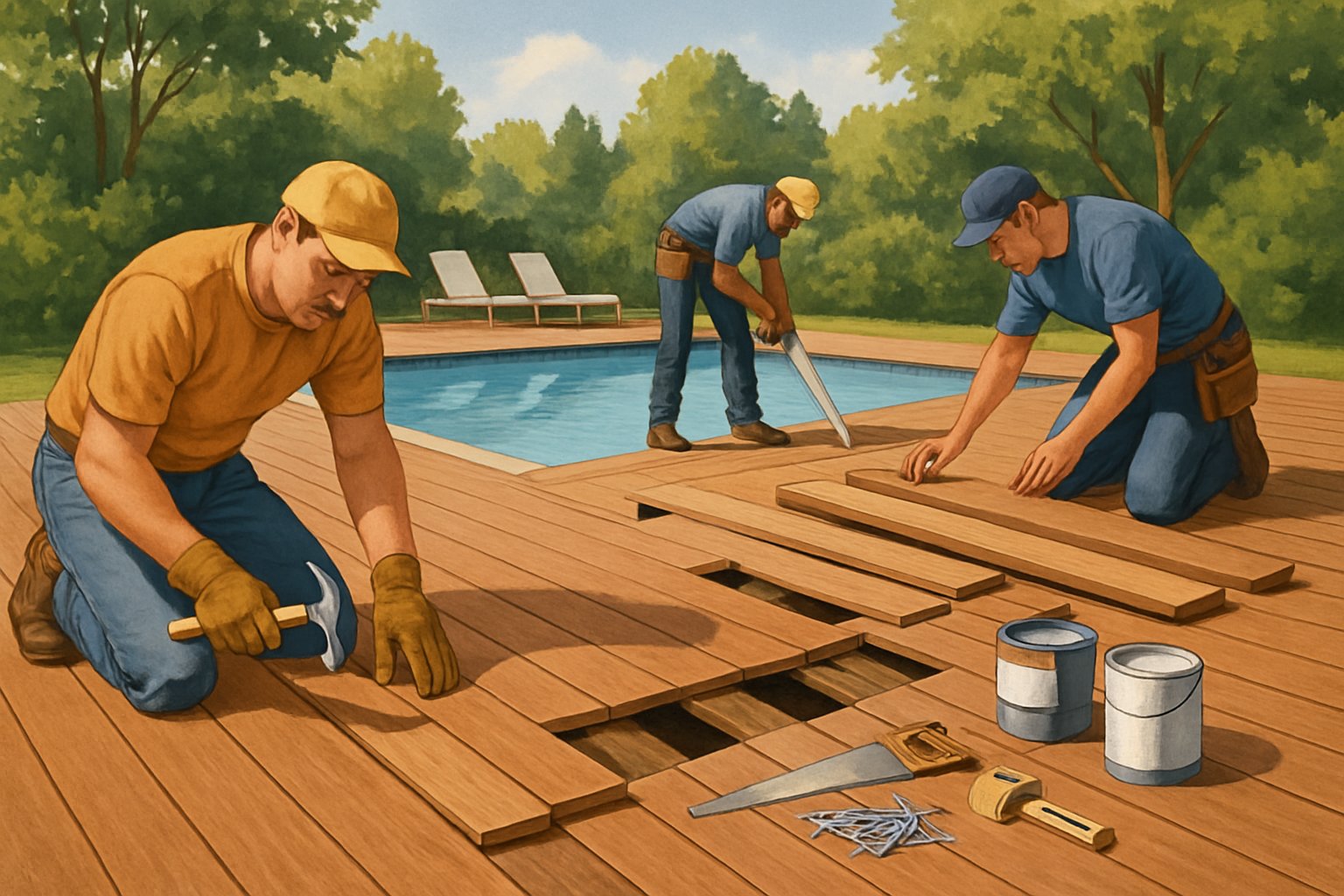 Outdoor pool with workers repairing and replacing a wooden deck surrounded by trees under a sunny sky.