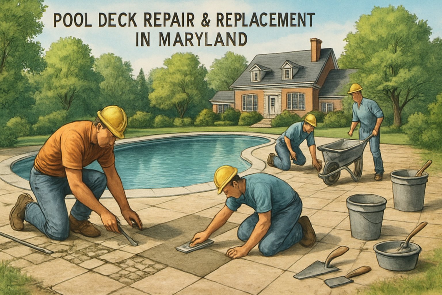 Pool Deck Repairs & Replacement Maryland Expert Solutions for Durable Outdoor Spaces 2 A backyard scene with workers repairing and replacing a pool deck around a swimming pool, with tools and a house in the background.