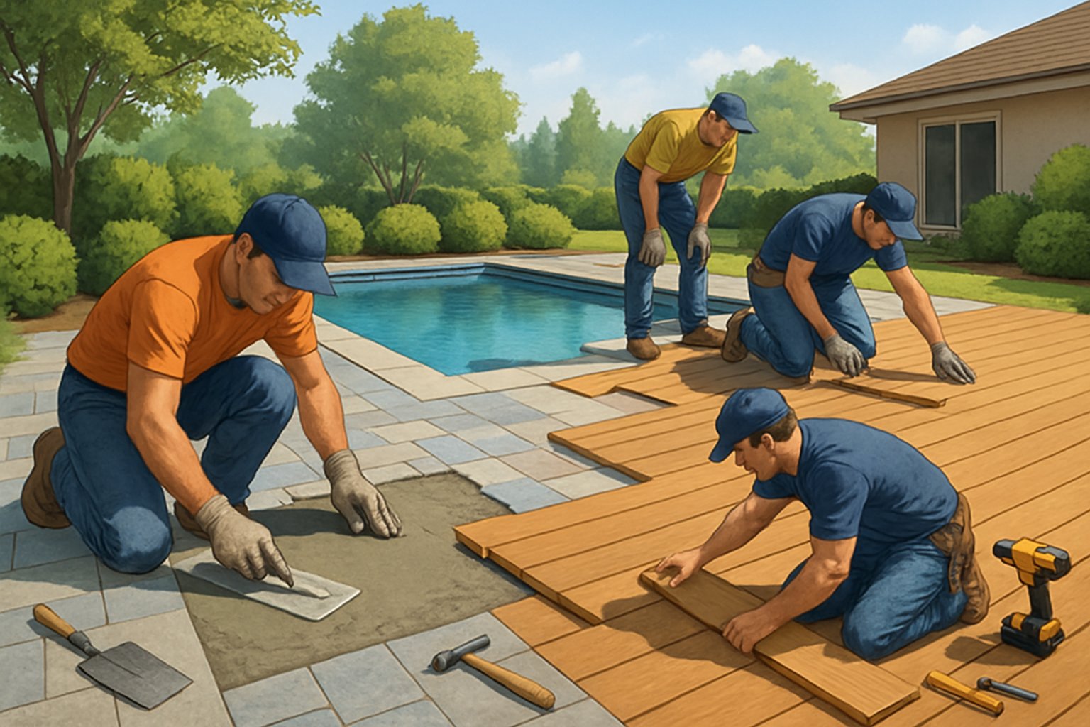 Pool Deck Repairs & Replacement DC Expert Solutions for Durable and Stylish Outdoor Spaces 2 A backyard scene showing workers repairing and replacing a swimming pool deck surrounded by greenery.
