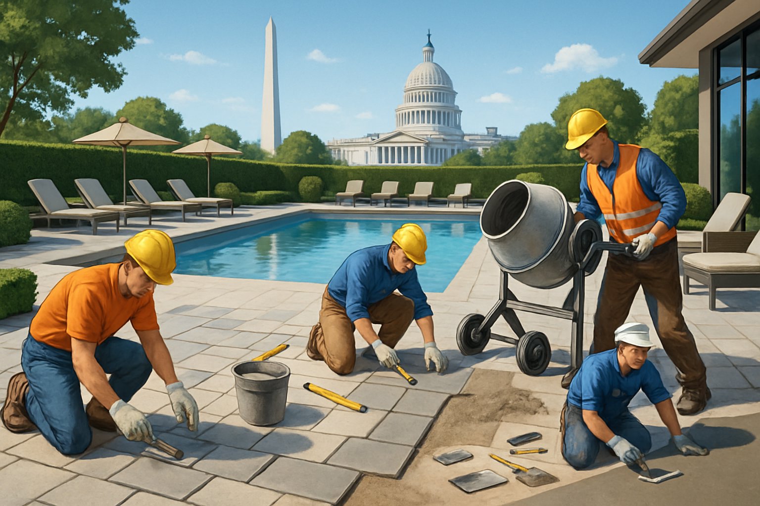 Outdoor pool deck repair scene with workers fixing the surface and Washington DC landmarks in the background.