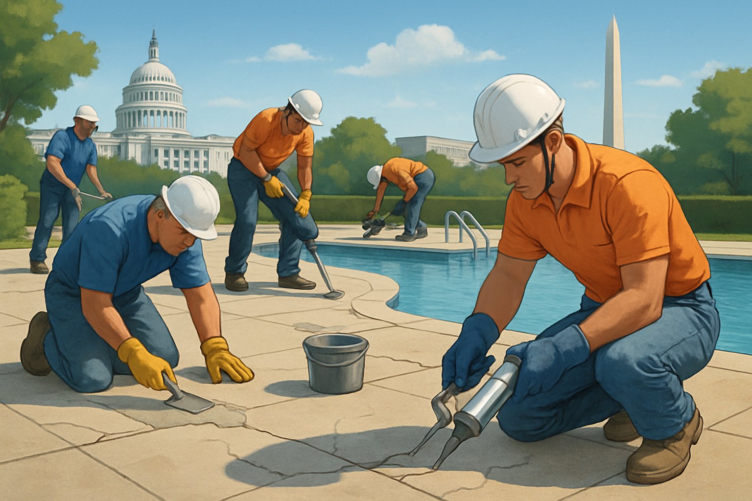 Workers repairing a pool deck near a swimming pool with Washington DC landmarks visible in the background.