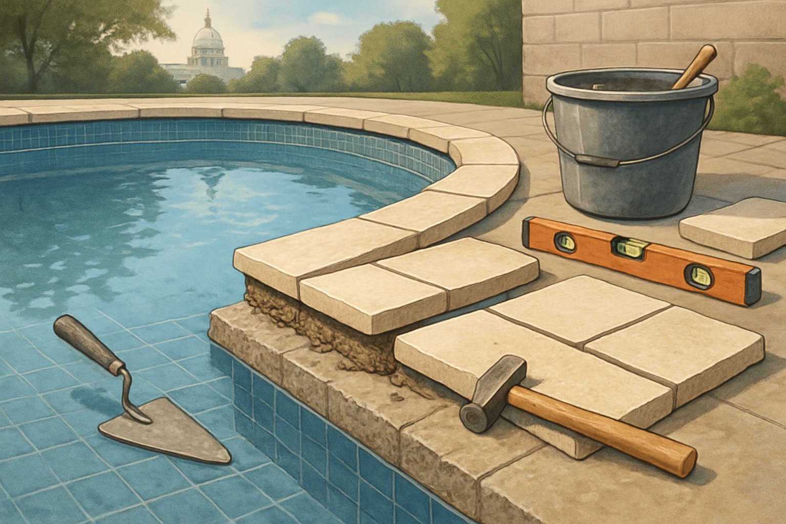 Close-up of a swimming pool edge in Washington DC with new coping stones being installed, showing construction tools and clear blue water.