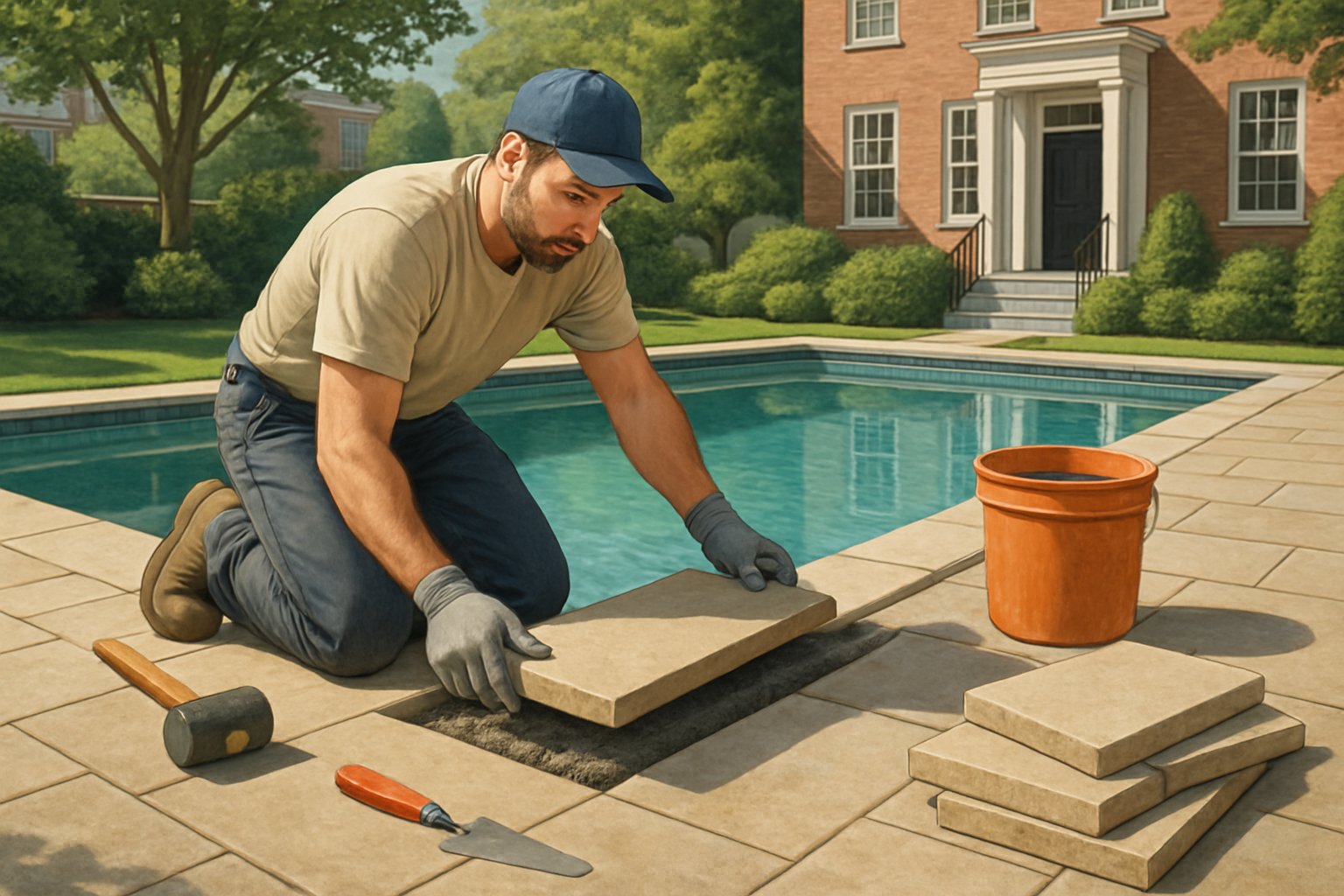 A worker installing stone slabs around the edge of a swimming pool in a residential backyard.