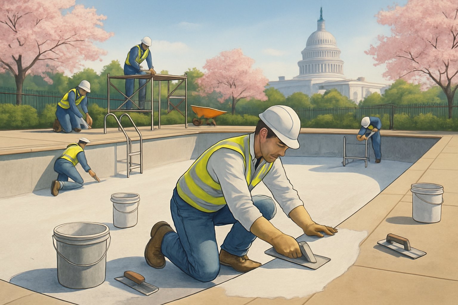 Washington DC Pool Resurfacing/Replastering: Services & Benefits 1 Workers resurfacing and replastering a large outdoor swimming pool with Washington DC landmarks faintly visible in the background. The pool is clearly an inground pool.