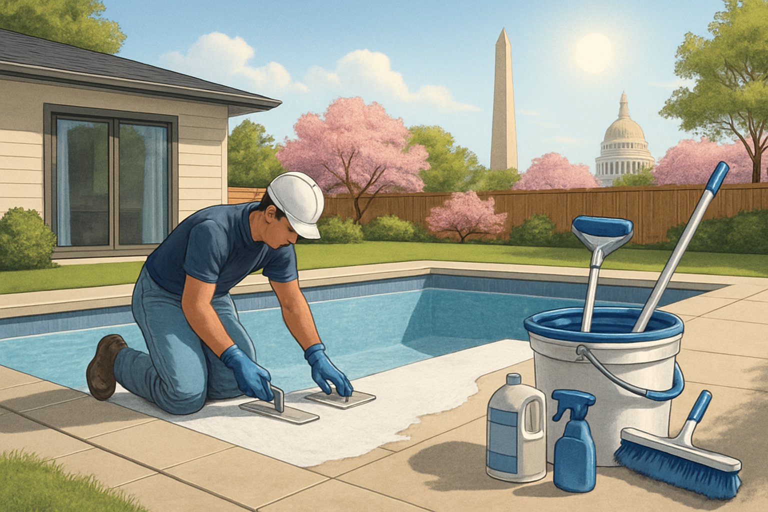 Washington DC Pool Resurfacing/Replastering: Services & Benefits 3 A worker resurfacing an inground swimming pool in a residential backyard with Washington DC landmarks and cherry blossom trees in the background.