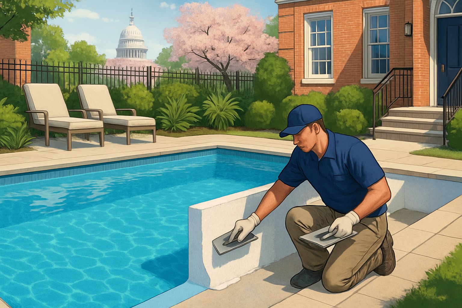 Washington DC Pool Resurfacing/Replastering: Services & Benefits 4 A residential backyard inground swimming pool in Washington DC being professionally resurfaced, with a worker applying material to the pool surface and iconic city elements in the background.