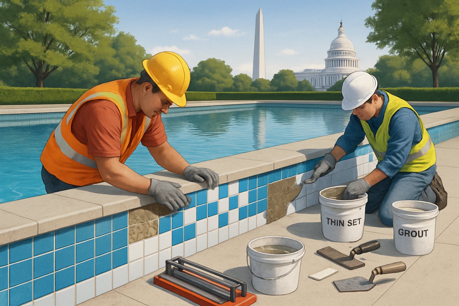 A pool in Washington DC with workers replacing waterline tiles, showing new blue and white tiles being installed along the pool edge with tools nearby and Washington landmarks in the background.