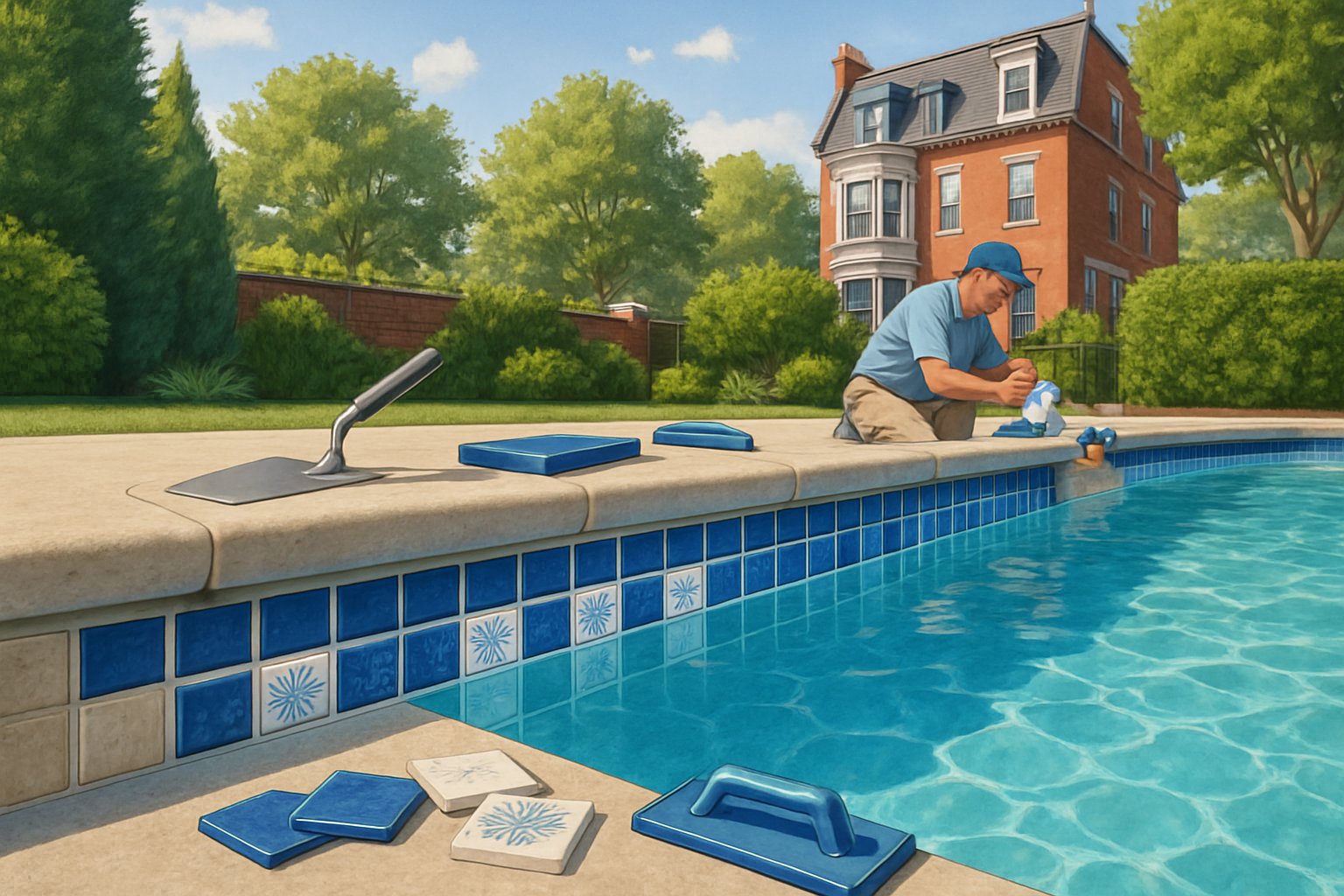 A clean swimming pool with newly replaced waterline tiles and a worker installing tiles in a residential backyard in Washington DC.