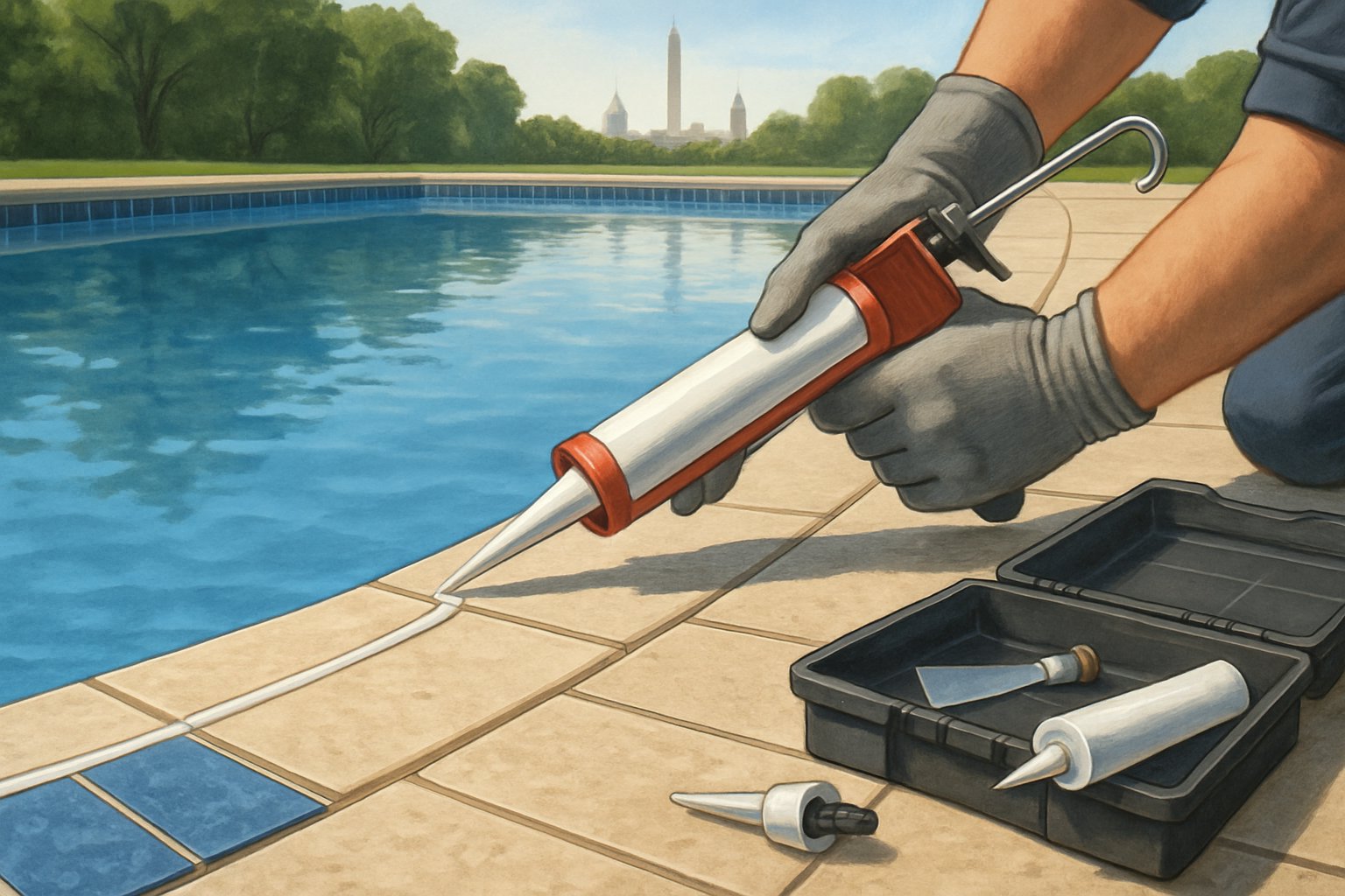 A close-up of a worker applying caulk to the seams between pool tiles and the pool deck in a residential swimming pool with the Washington DC skyline in the background.