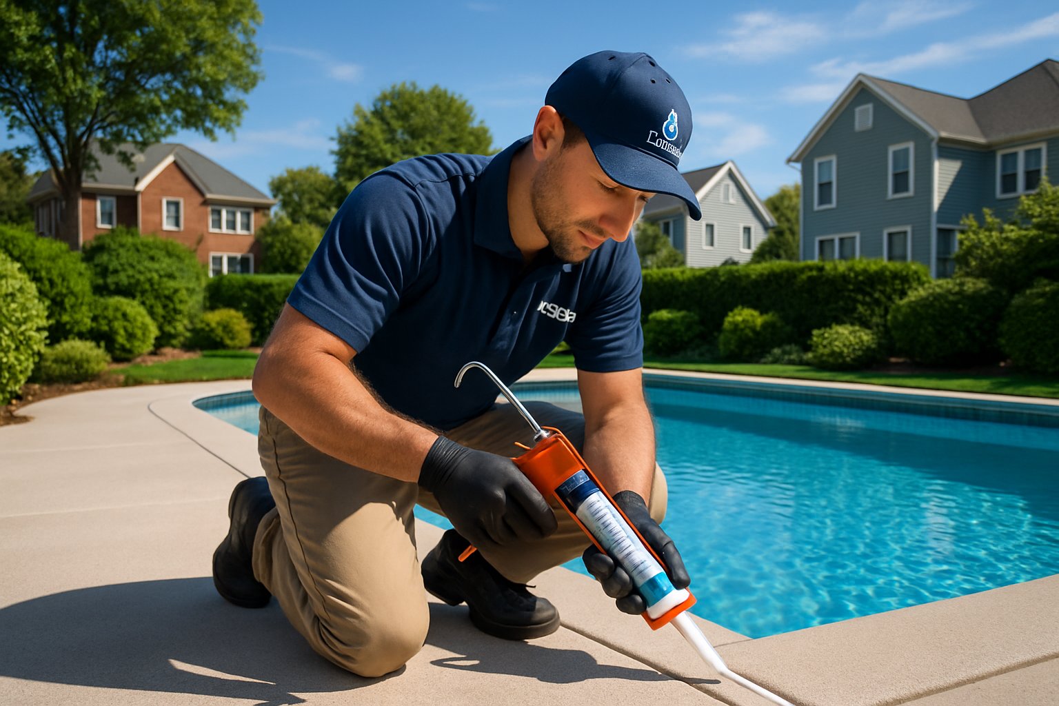 A technician applying caulking to the edges of a residential swimming pool in a suburban backyard.
