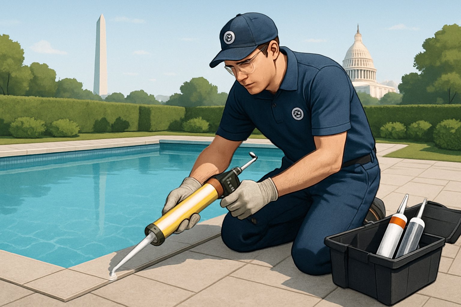 A technician applying caulk to the edges of an outdoor swimming pool with Washington DC landmarks in the background.