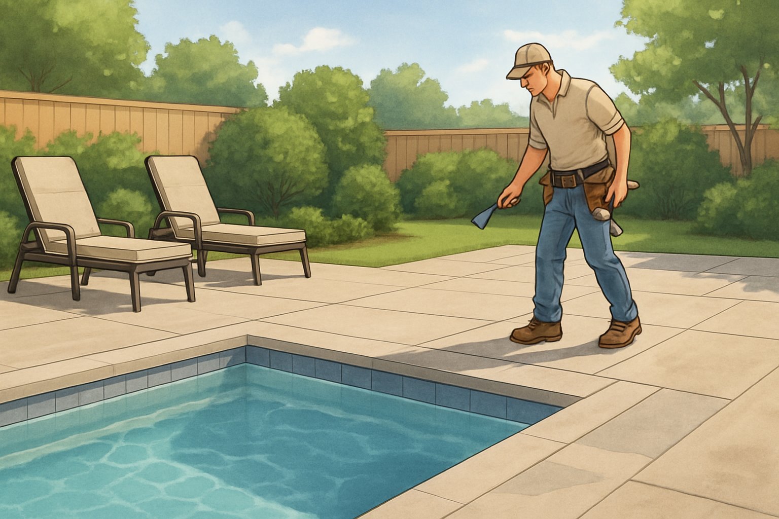 A backyard inground swimming pool with a freshly repaired deck, a worker inspecting the area, outdoor furniture, and surrounding greenery under a clear sky.