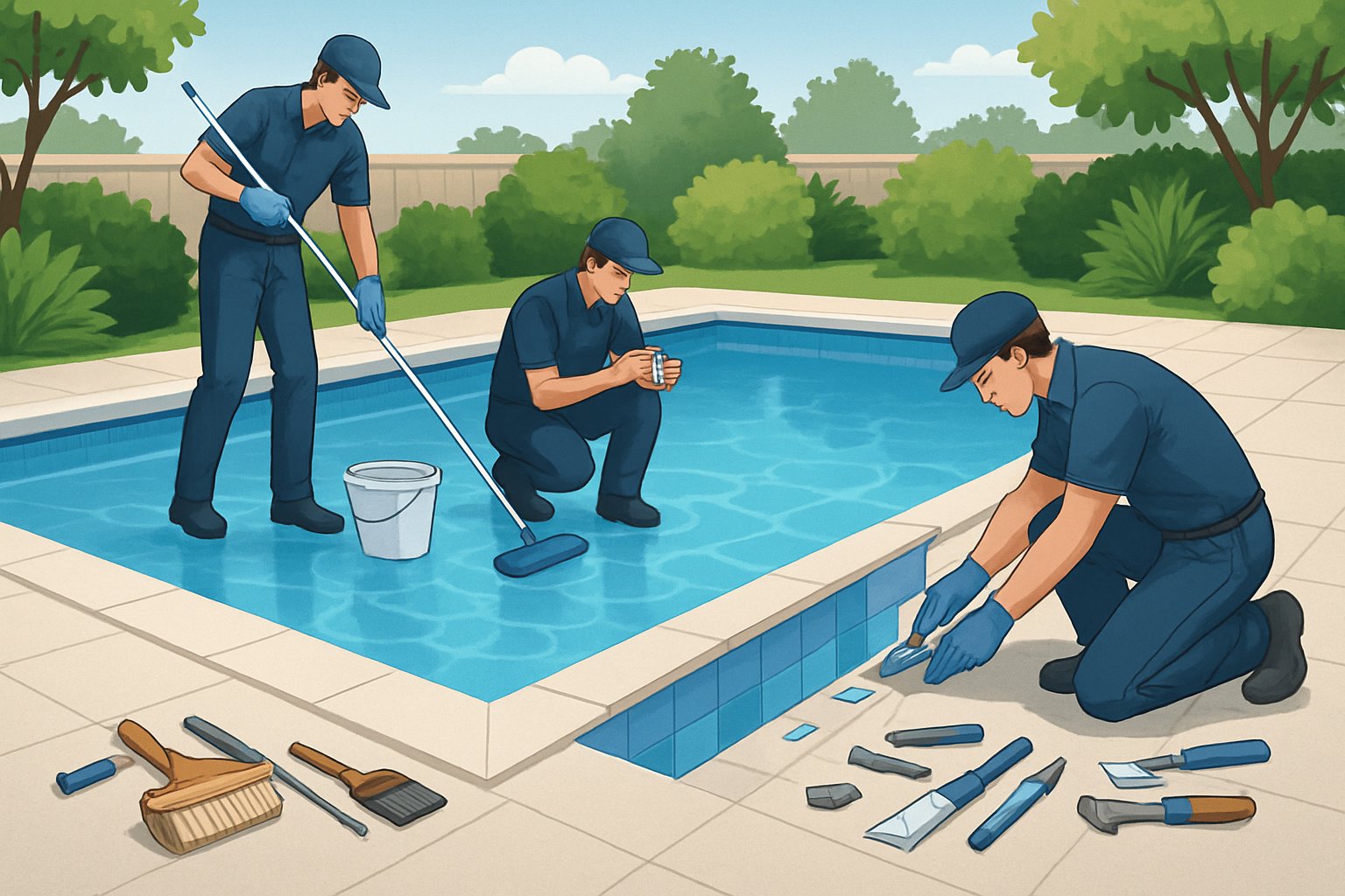 A backyard inground swimming pool with workers cleaning and repairing it, surrounded by plants and patio furniture.