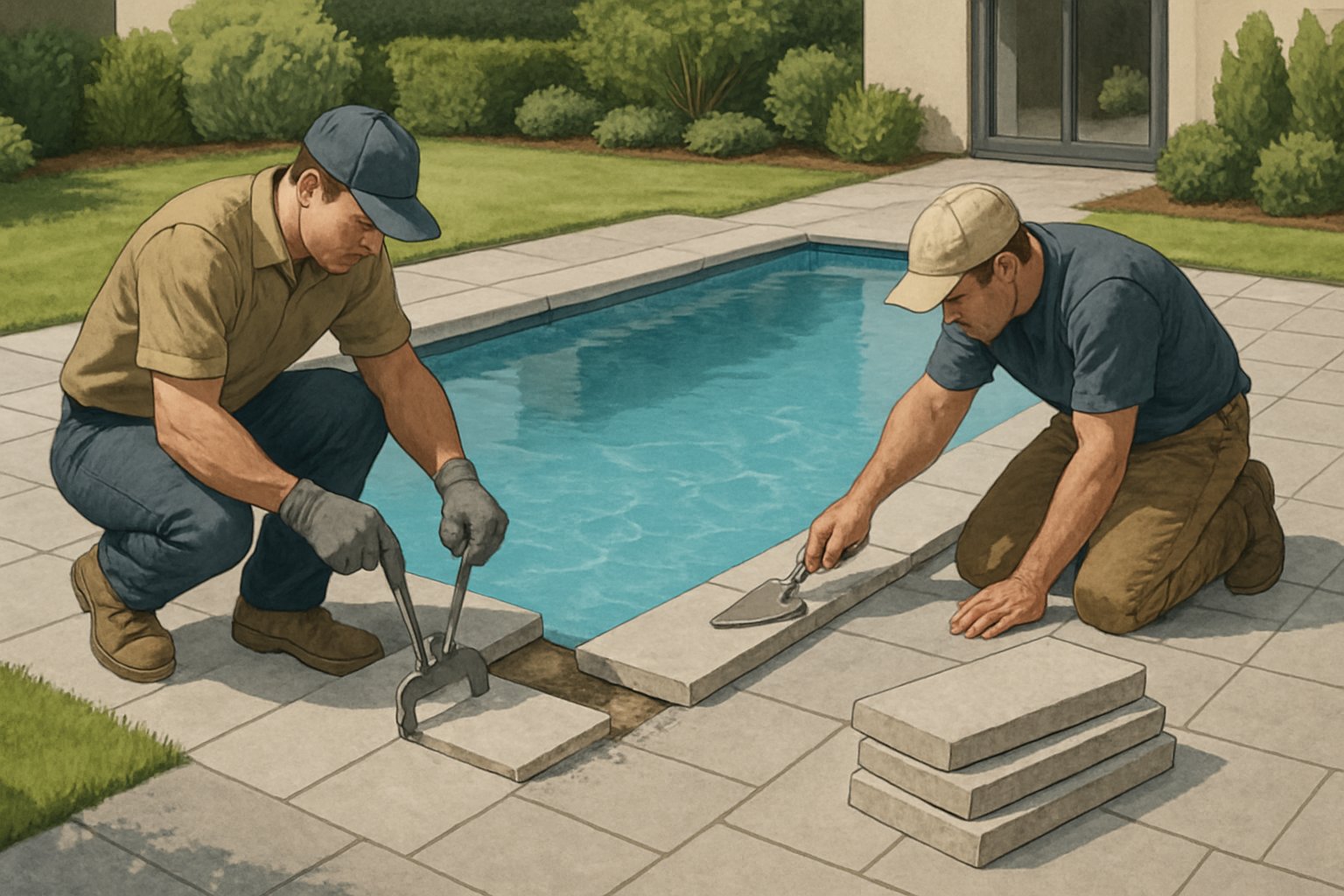 Workers replacing coping stones around the edge of a backyard swimming pool with clear blue water.