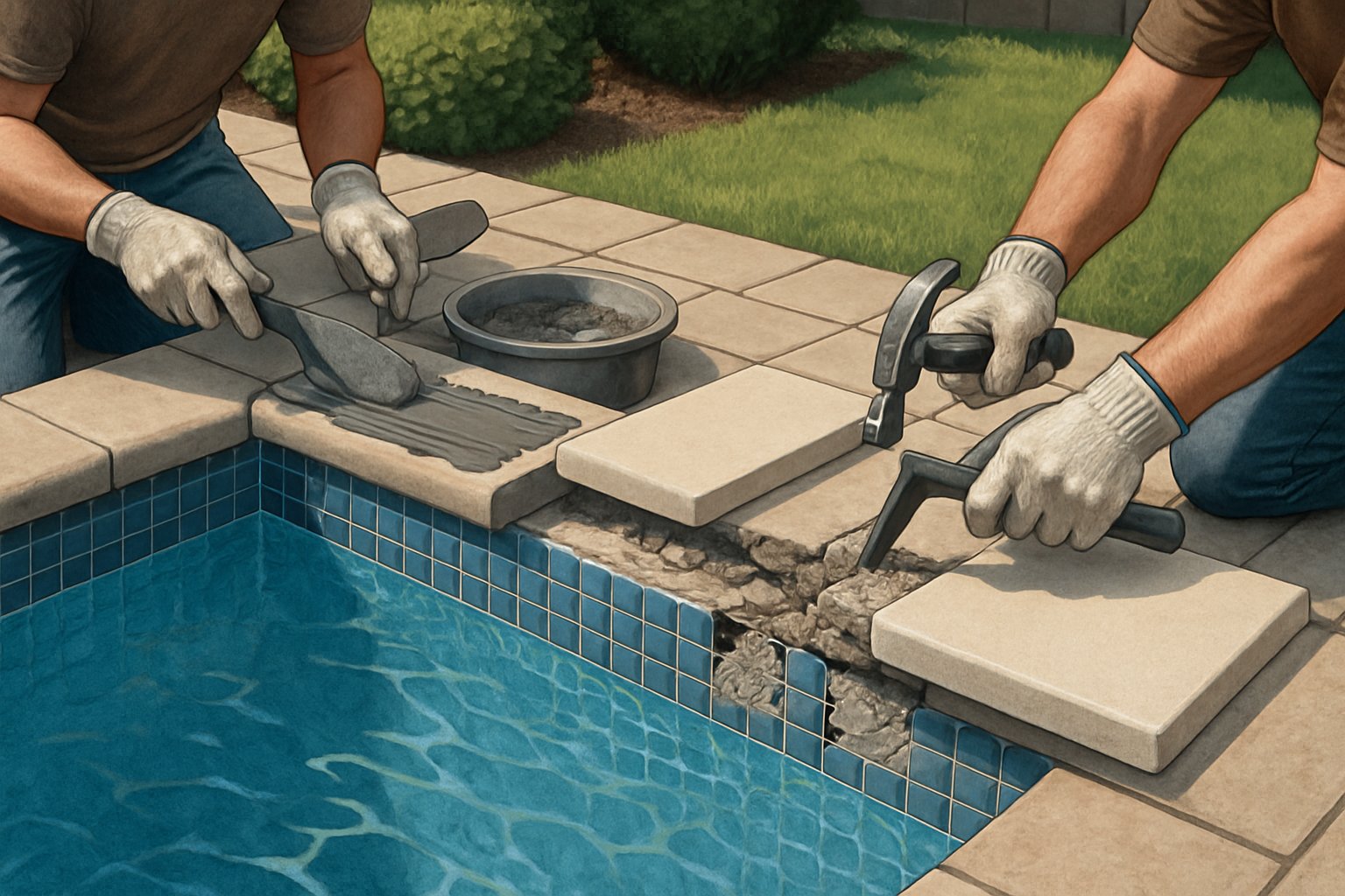 A backyard swimming pool with workers replacing the coping stones along the pool edge.