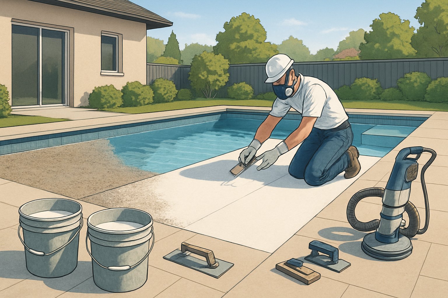 A backyard swimming pool being resurfaced and replastered by a worker applying fresh plaster on one side while the other side shows the old surface removed.