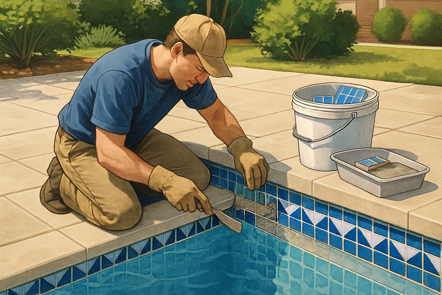 A worker replacing waterline tiles along the edge of a residential swimming pool with tools and new tiles nearby.
