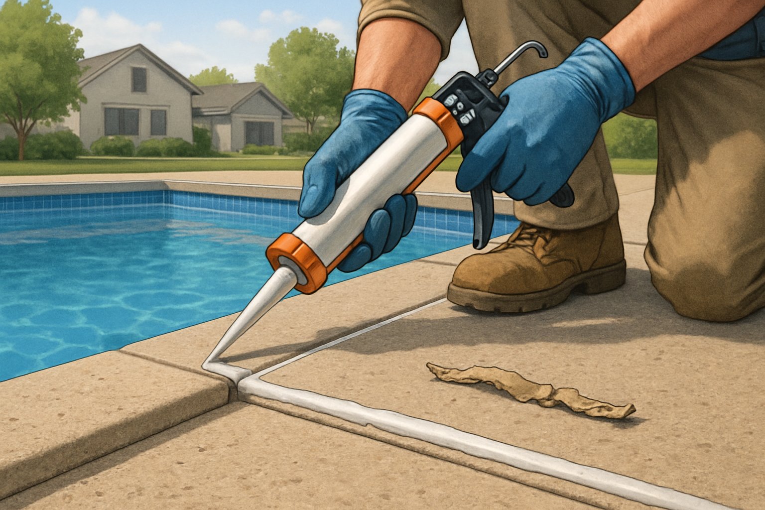 A worker applies fresh caulking to the edge of an inground swimming pool in a residential backyard.