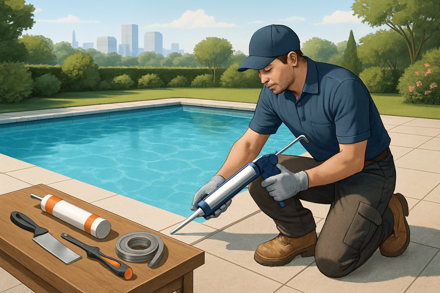 A technician applying caulking along the edge of a backyard inground swimming pool with tools nearby and a cityscape in the background.