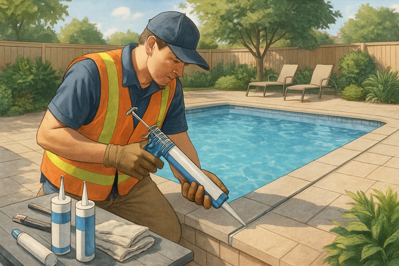 A worker applying caulking to the edge of an inground swimming pool in a backyard with tools nearby and clear blue water.