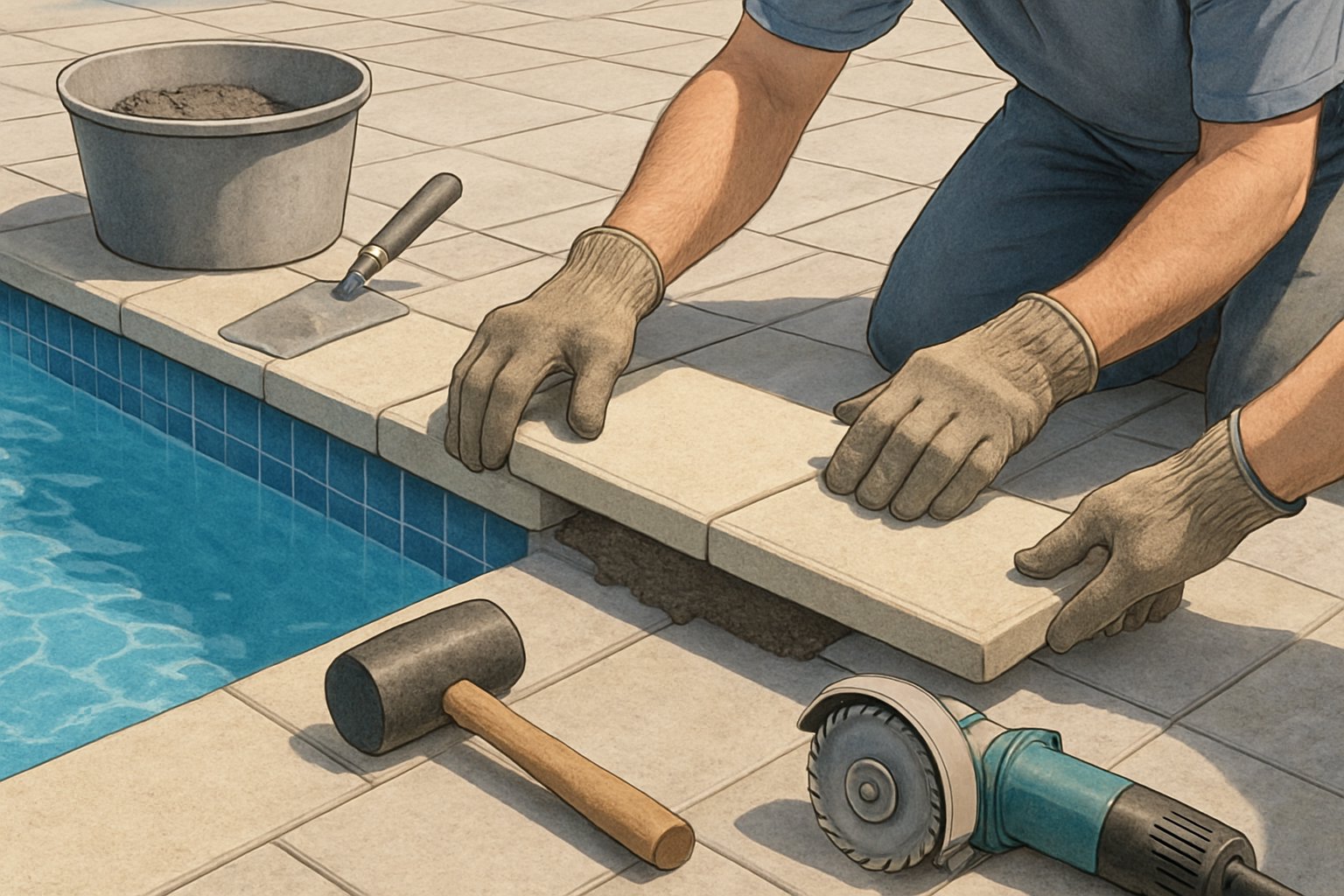 Close-up of workers replacing coping stones along the edge of an inground swimming pool with clear blue water and a clean pool deck in the background.