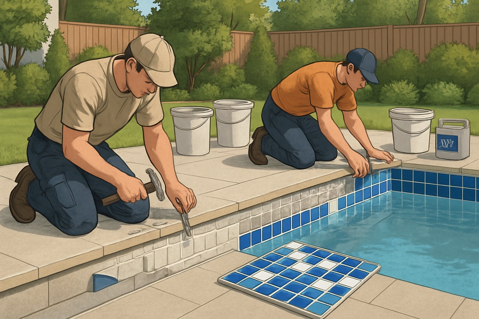 Workers replacing waterline tiles on a swimming pool edge with tools and new tiles nearby in a backyard.