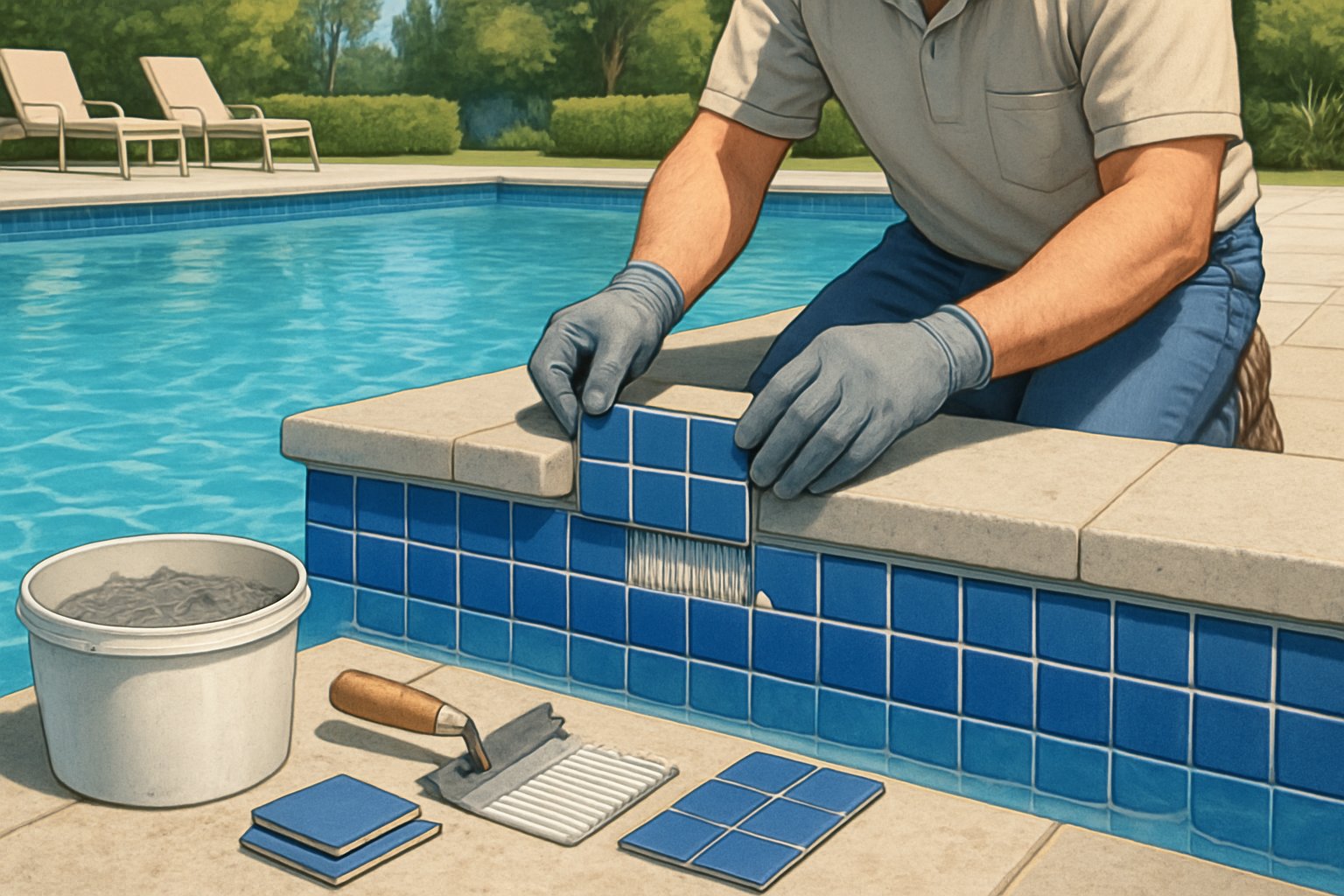 A swimming pool with a worker replacing waterline tiles along the pool edge, surrounded by poolside deck and greenery.